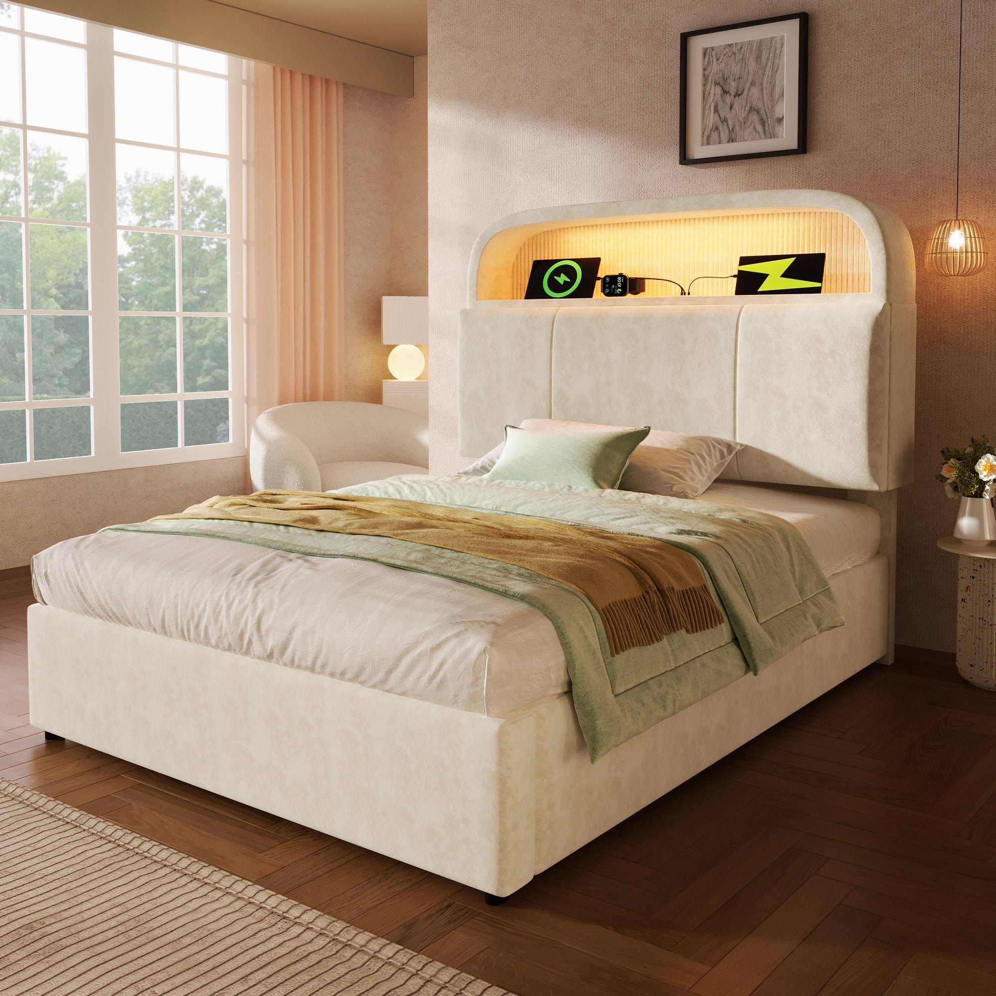 Logidon gestoffeerd bed 90x200 cm beige fluweel met opbergruimte hoofdbord, LED