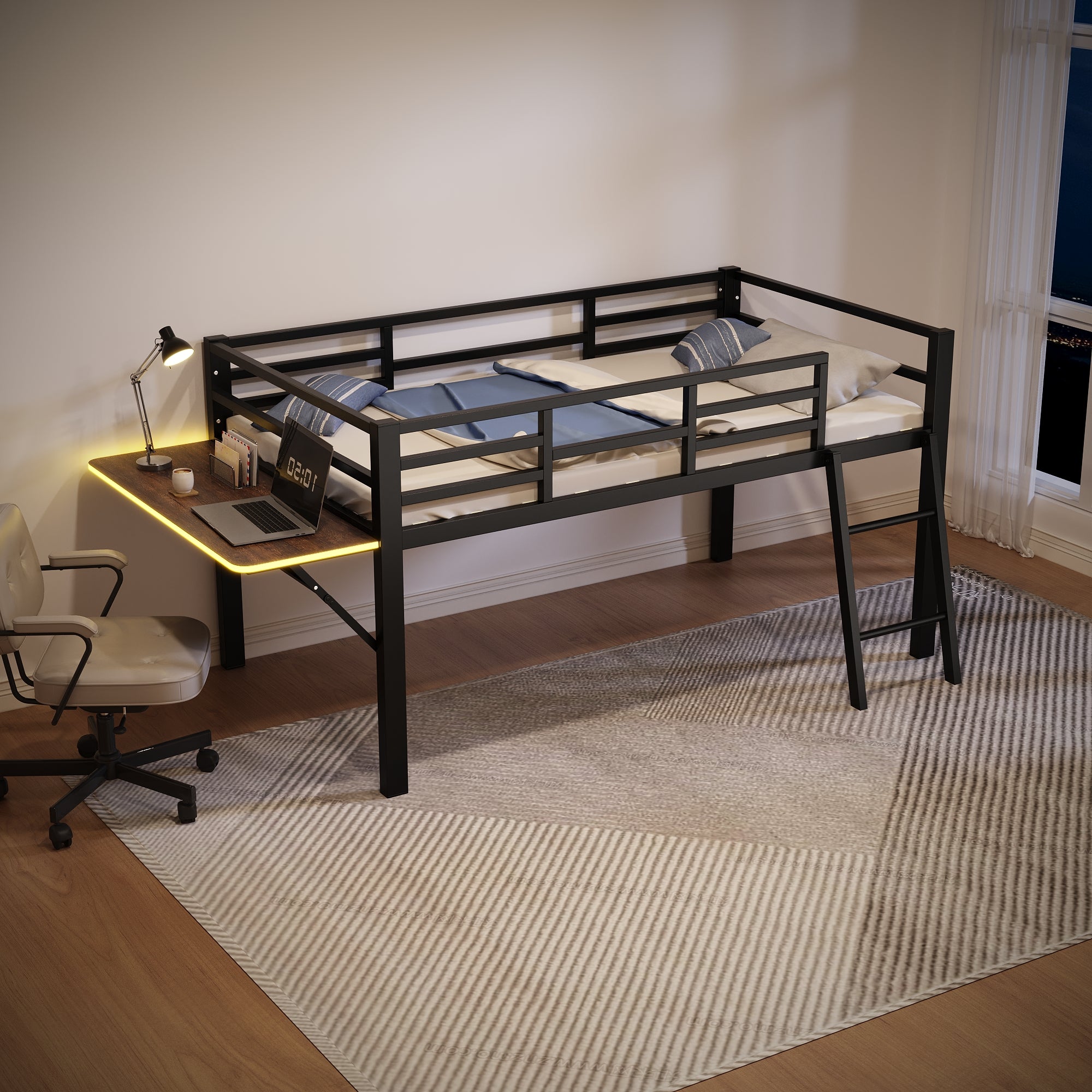 Logidon hoogslaper 90x200 zwart met bureau en LED-lichtstrip