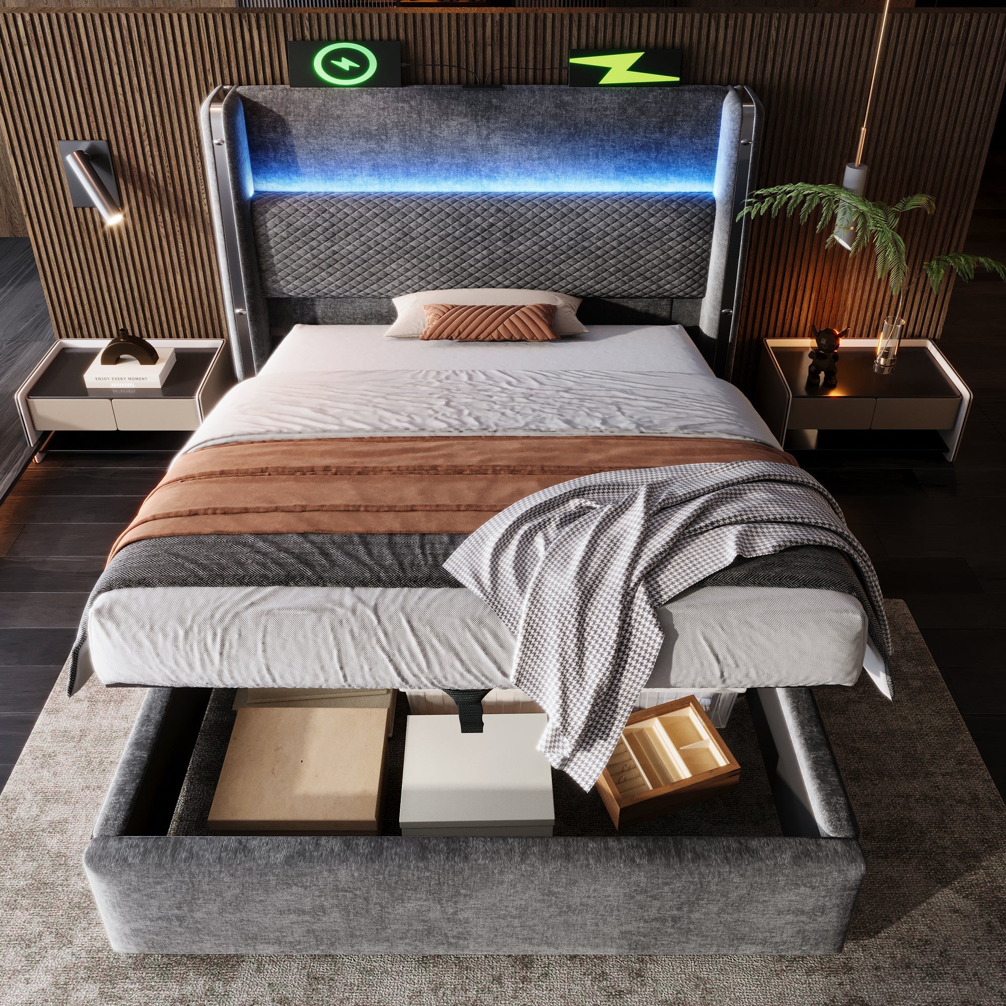 Logidon hydraulisch bed 90x200 grijs linnenlook met opbergruimte LED