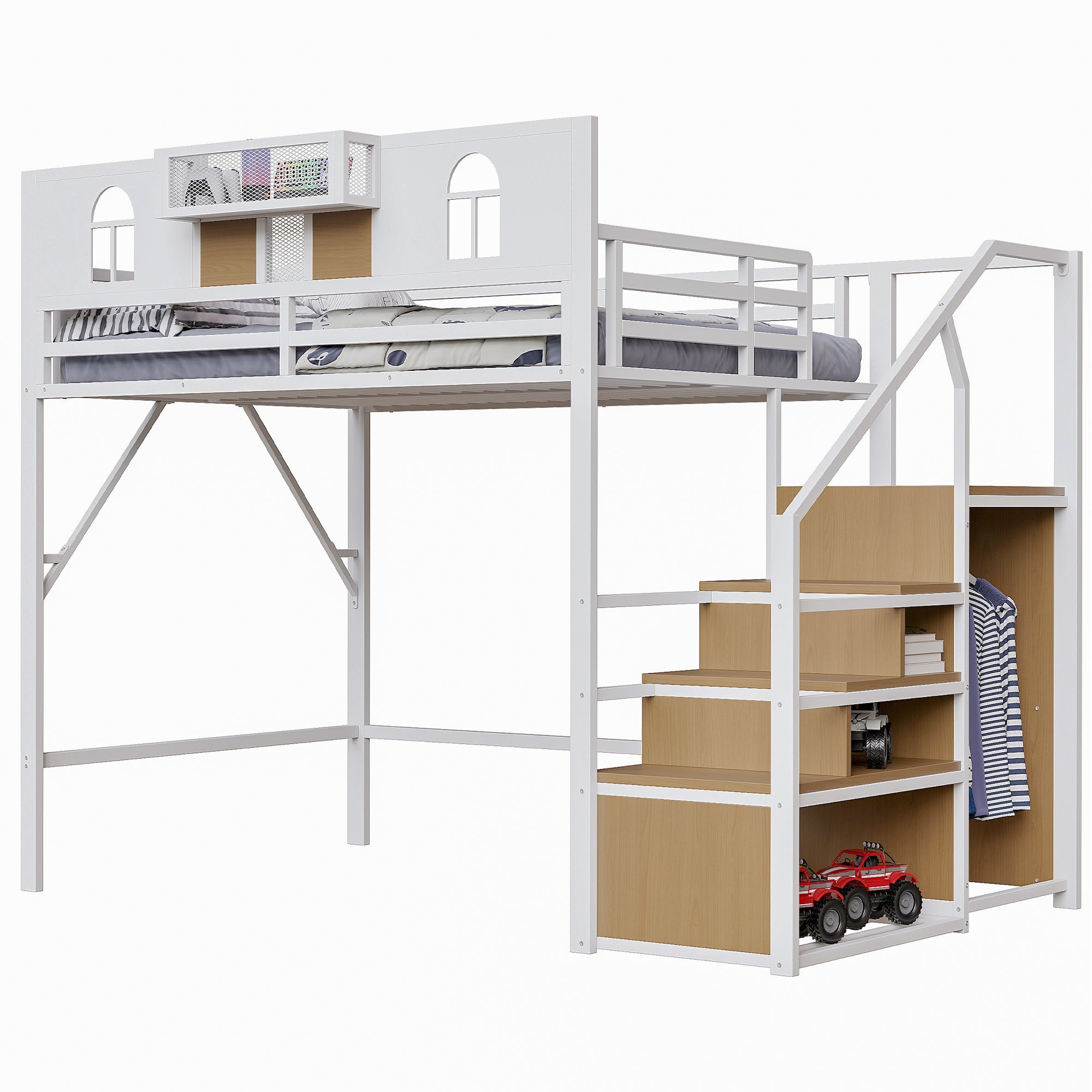 Logidon metalen hoogslaper 140x200 cm wit met opbergladder