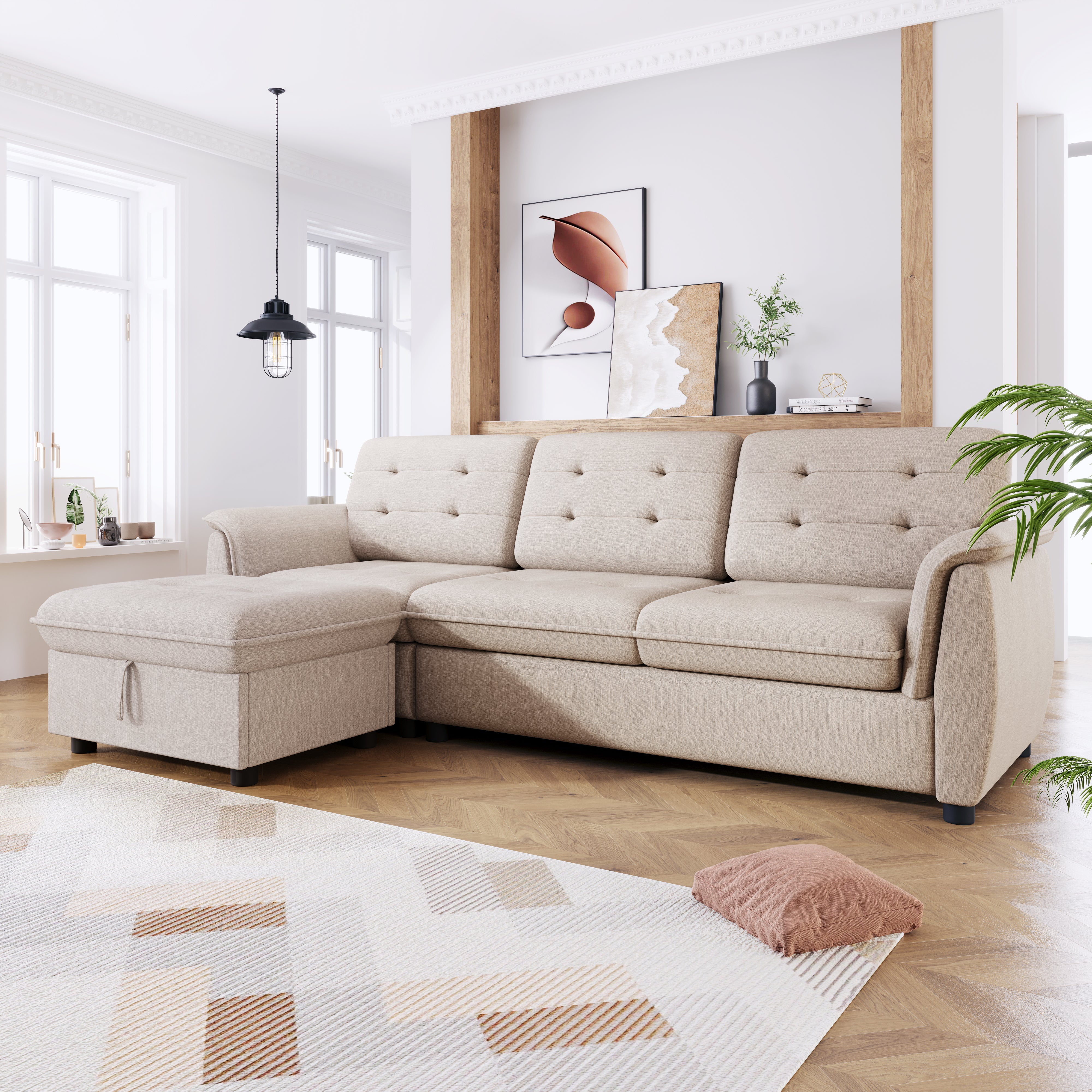 Logidon Corner Sofa L-Shape With Ottoman Storage Beige