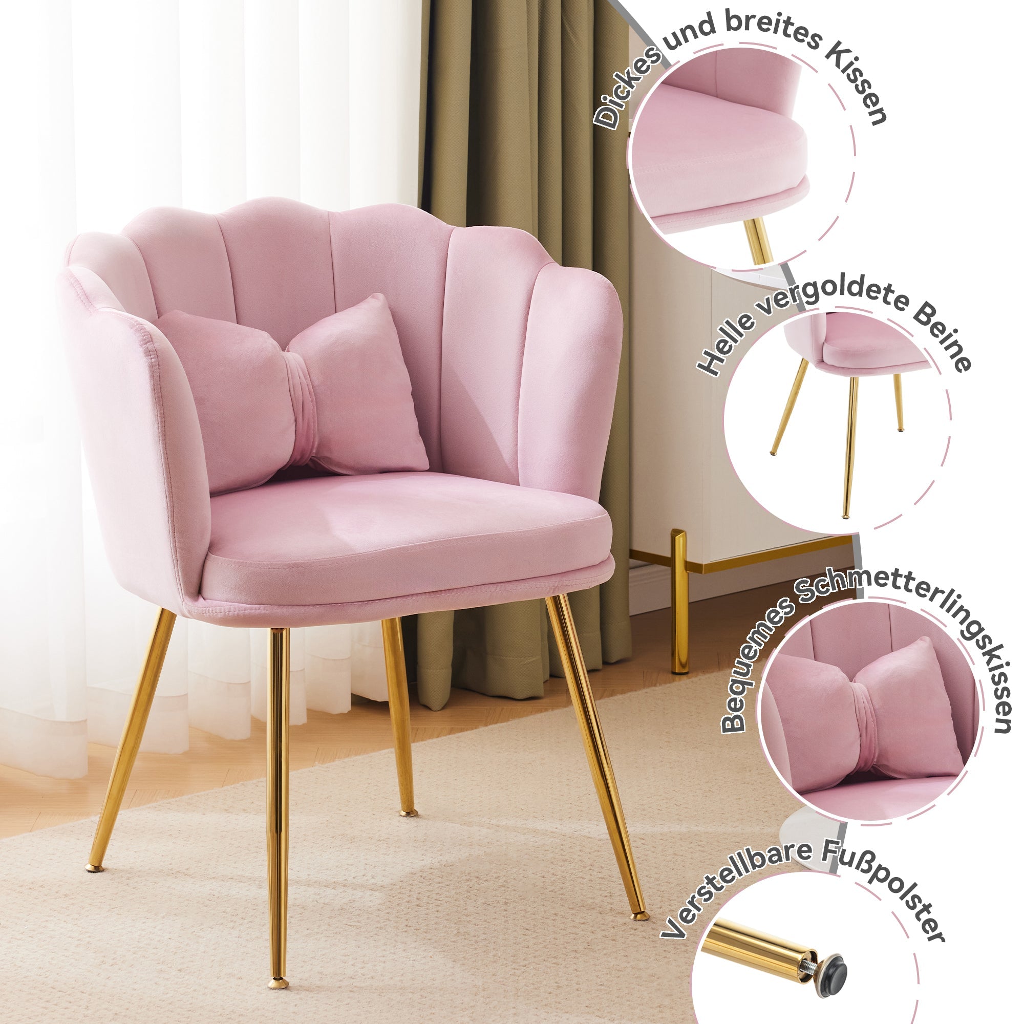 Logidon moderne roze fluwelen fauteuil met bloemblaadjesrugleuning