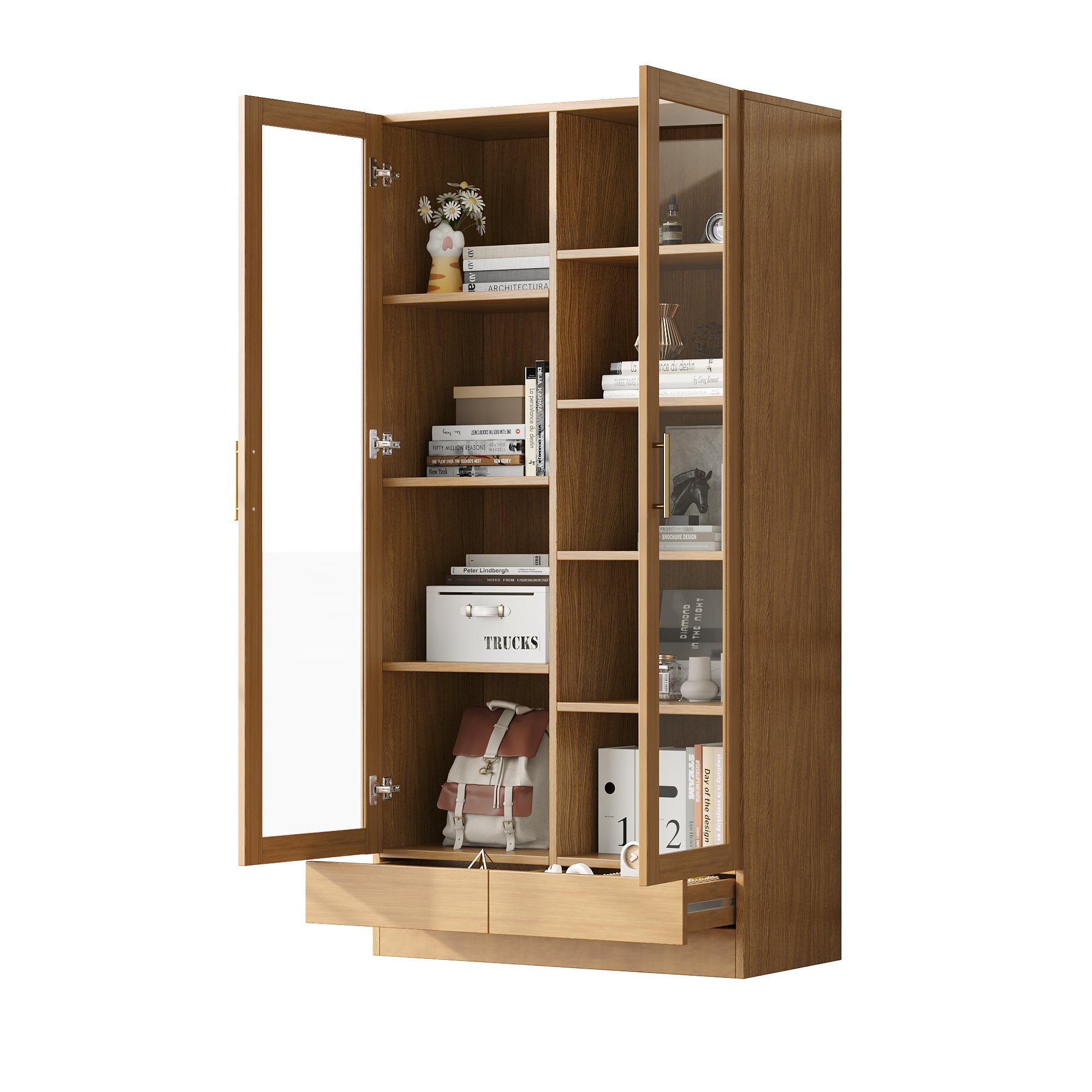 Logidon vitrinekast 80x40x160 cm naturel hout met push-to-open lades