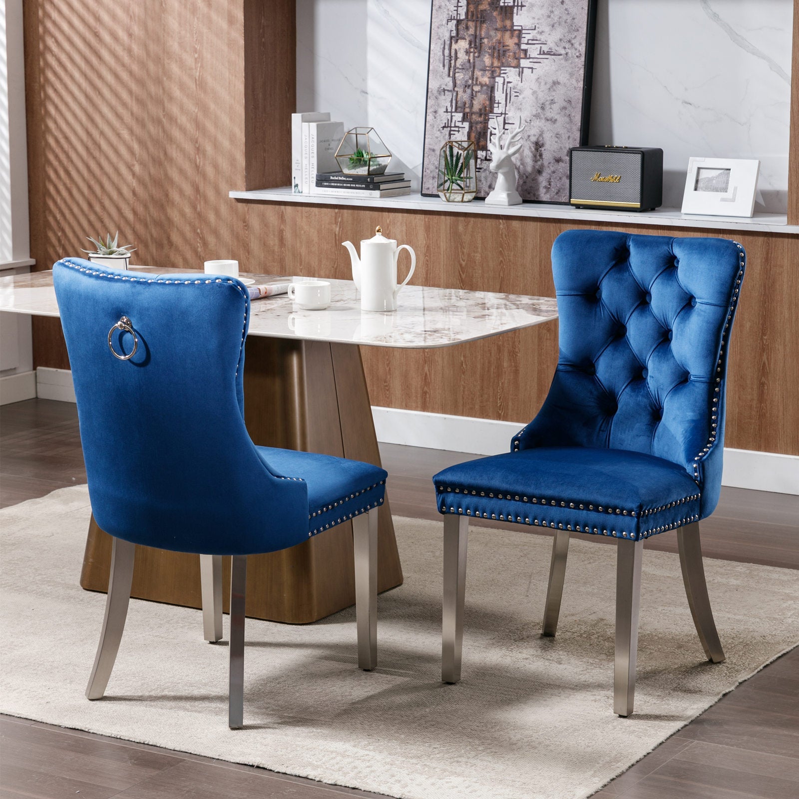 Logidon Nikki Eetstoel Blauw Fluweel Spijkerkop Chroom Voetenset 2