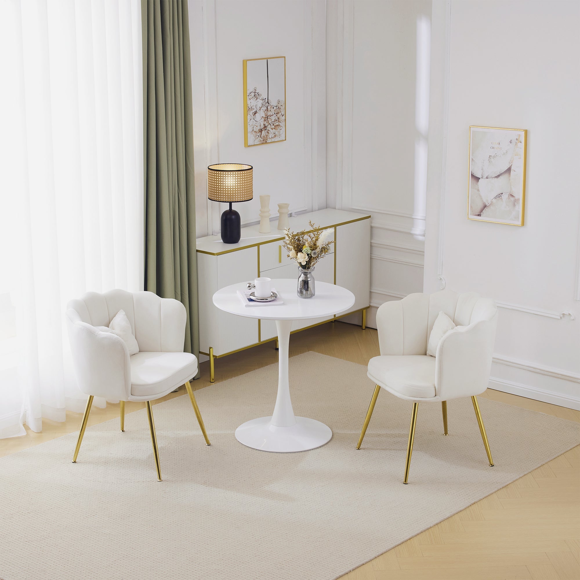 Logidon set van 2 fluwelen stoelen met beige bloemblaadjes en gouden poten