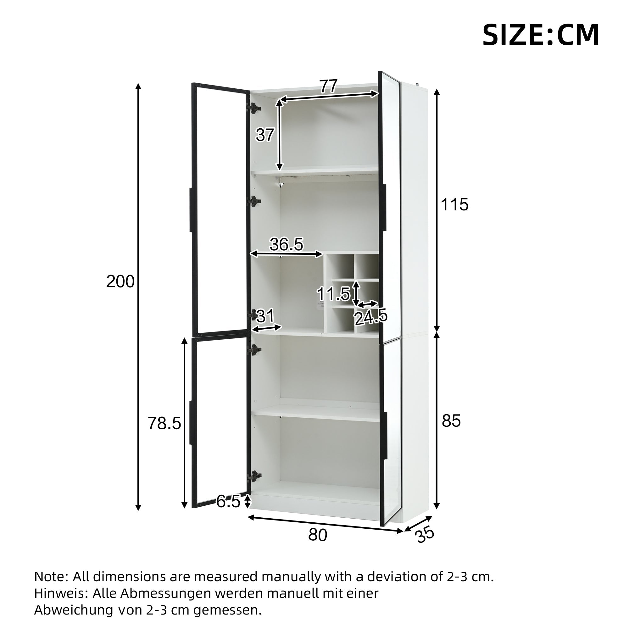 Logidon vitrine 80x35x200 witte glazen deuren LED verlichting wijnrek