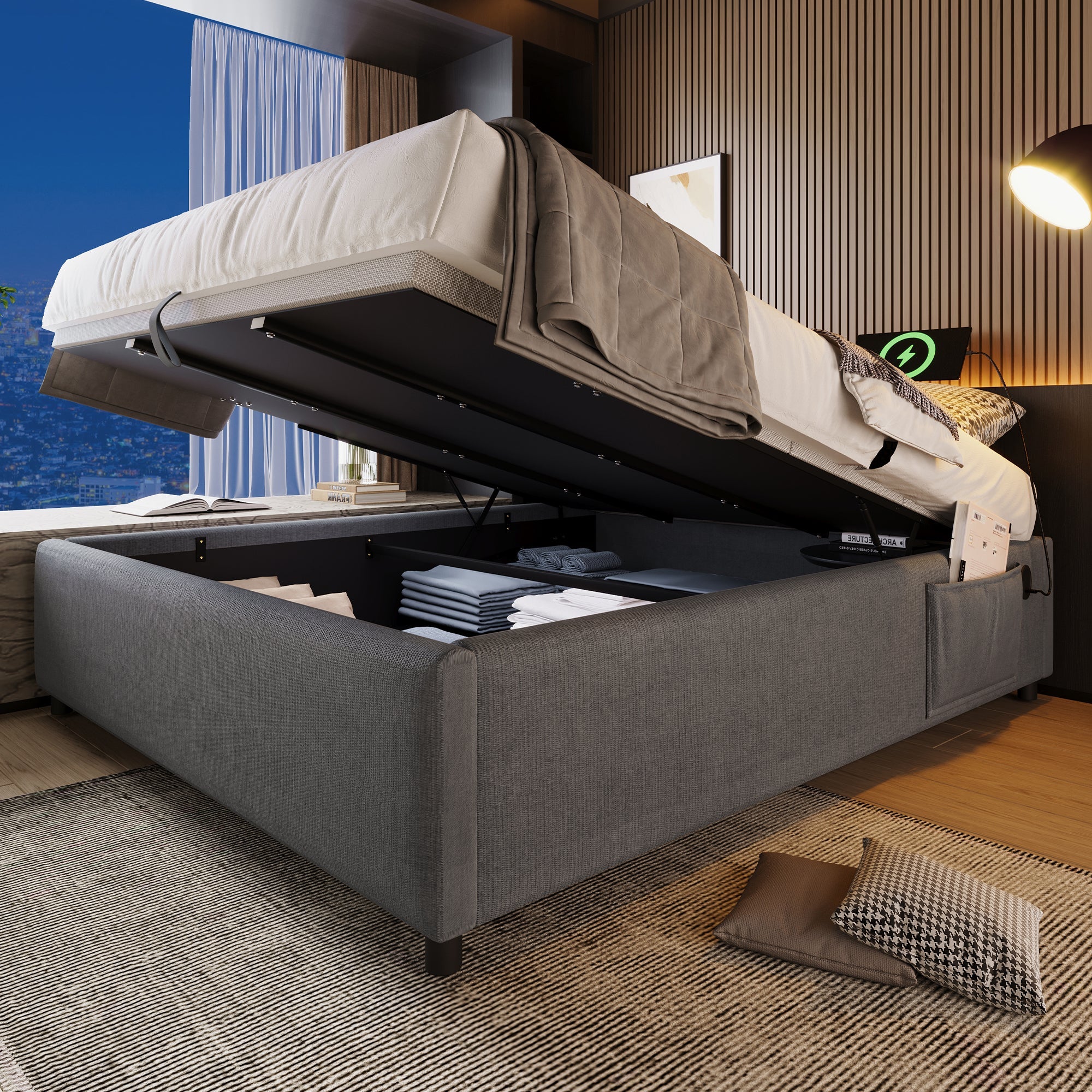 Logidon upholstered bed double bed 140x200 cm with USB C storage space gray
