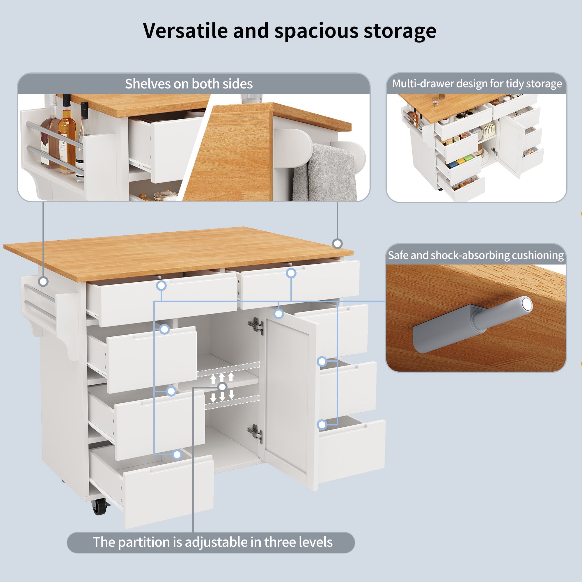 Logidon Modern Keukeneiland Uitschuifbare Keukentrolley Wit 8 Laden