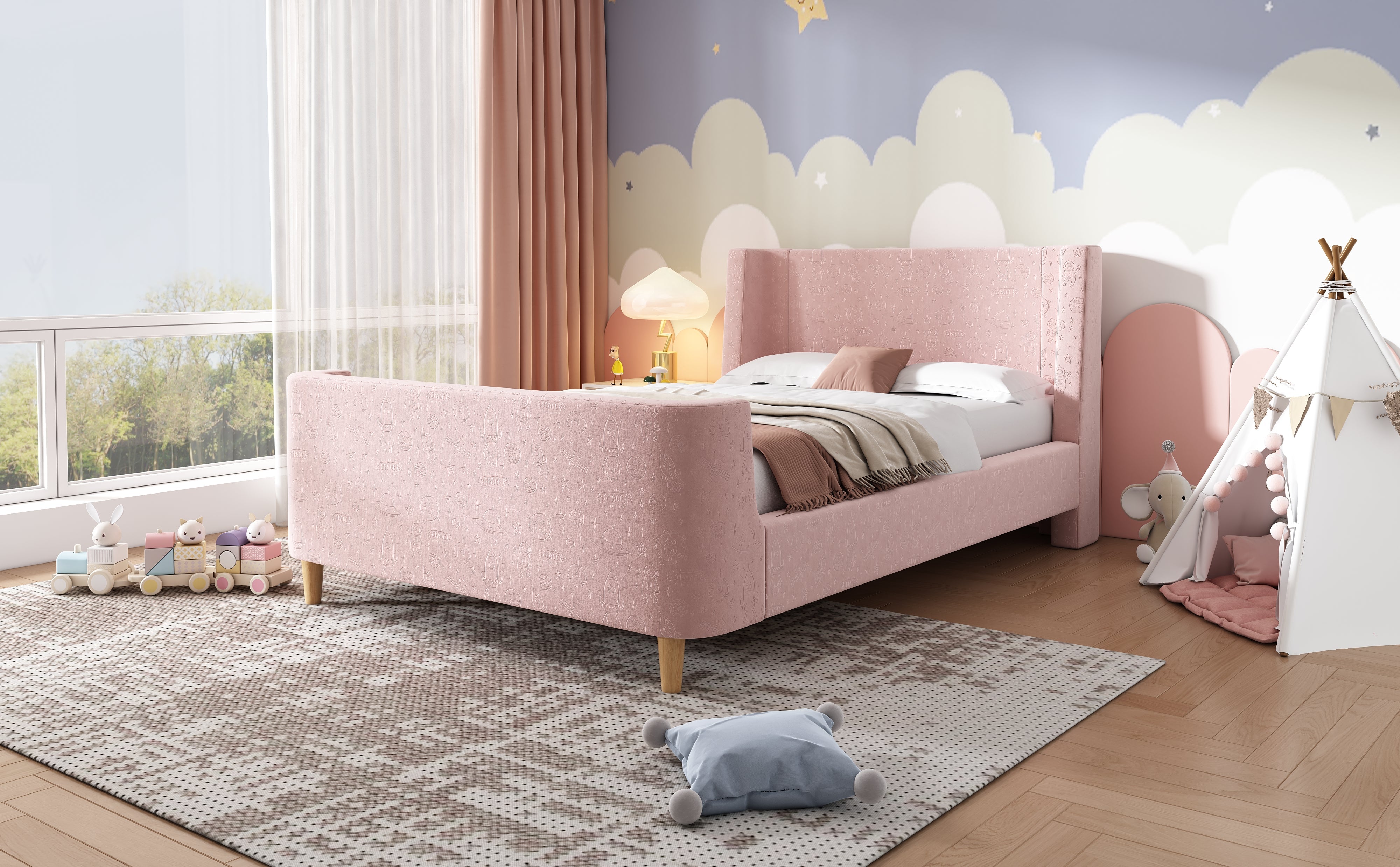 Logidon kinderbed gestoffeerd bed 90x200 roze fluweel sleebed Kosmos