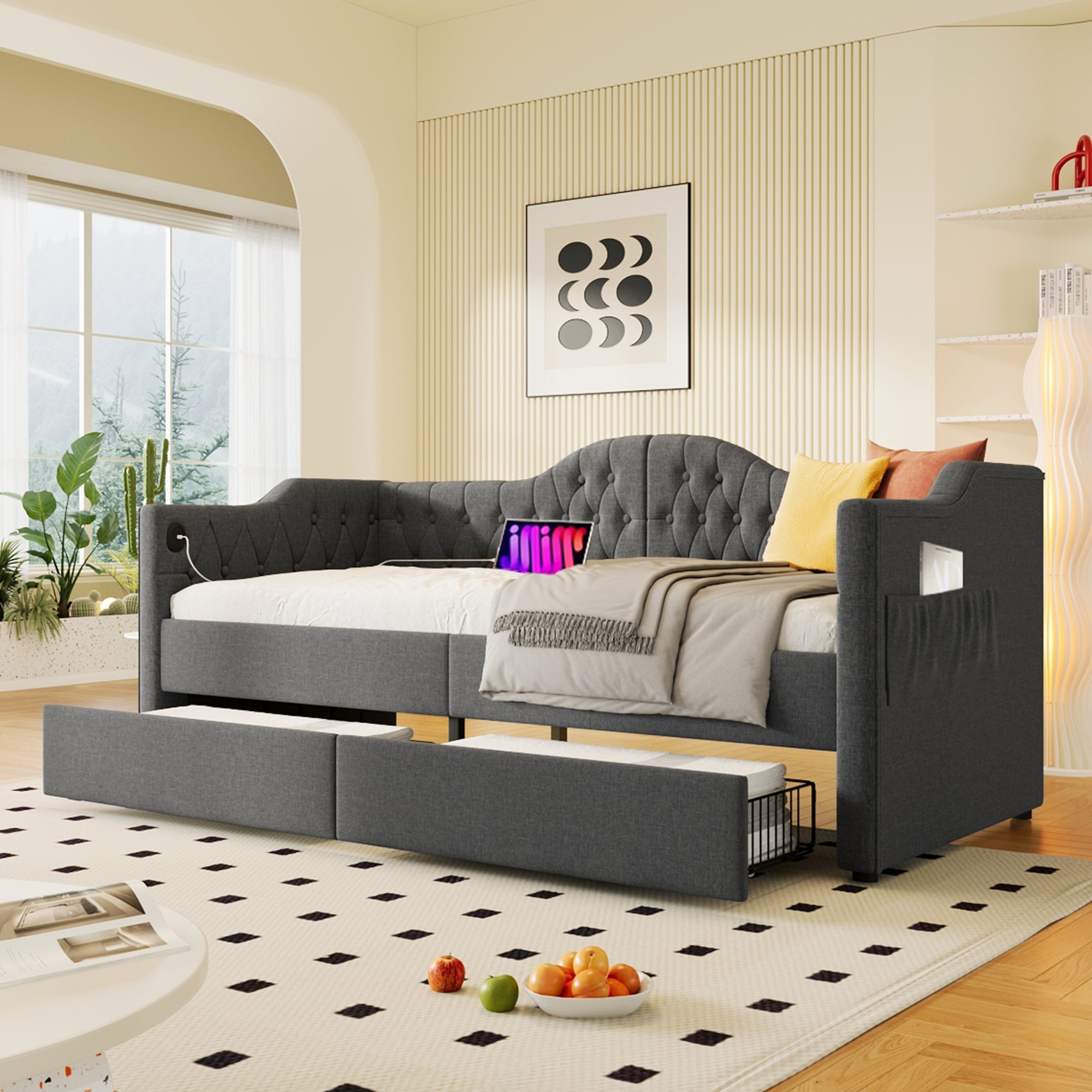 Logidon upholstered daybed 90x200 gray USB-C charging function 2 drawers