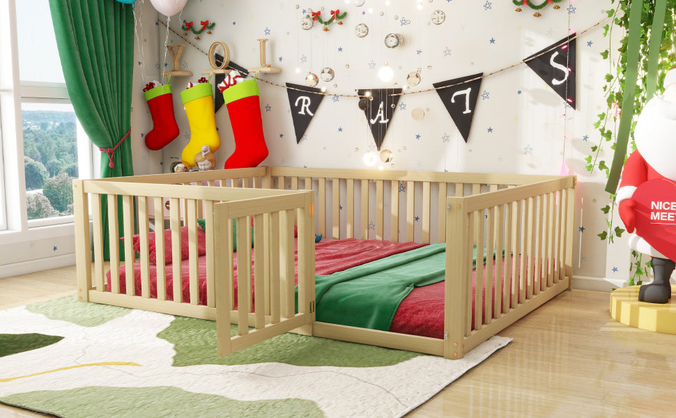 Logidon Kinderbed 140x200 Naturel Hout Met Hek En Deur