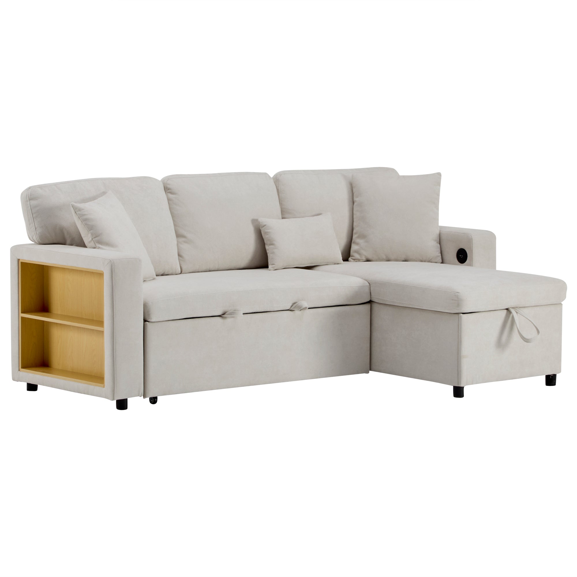 Logidon corner sofa bed L-shape extendable beige with bed box shelf