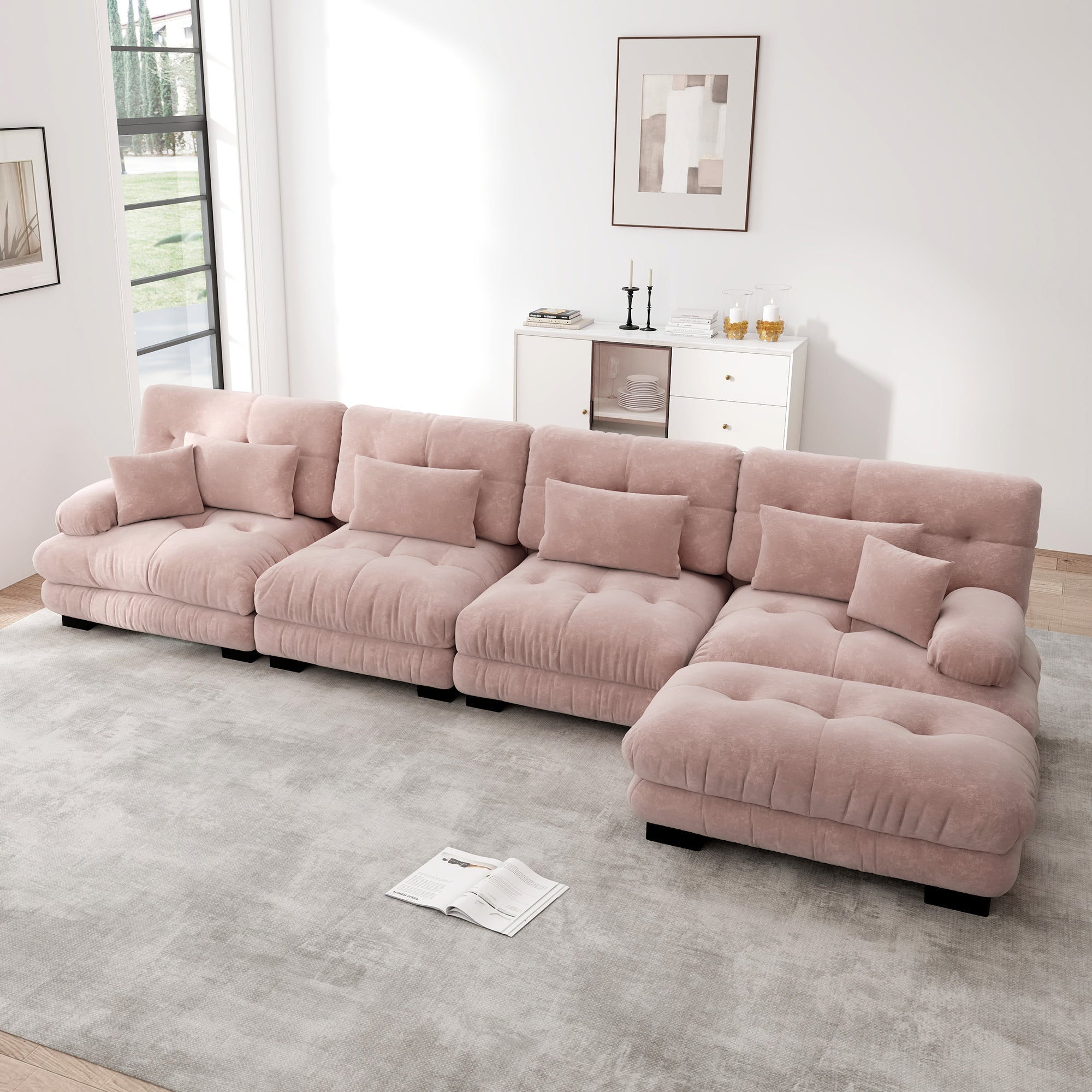 Logidon Modulaire hoekbank roze fluweel L-vorm 4-zits met kruk