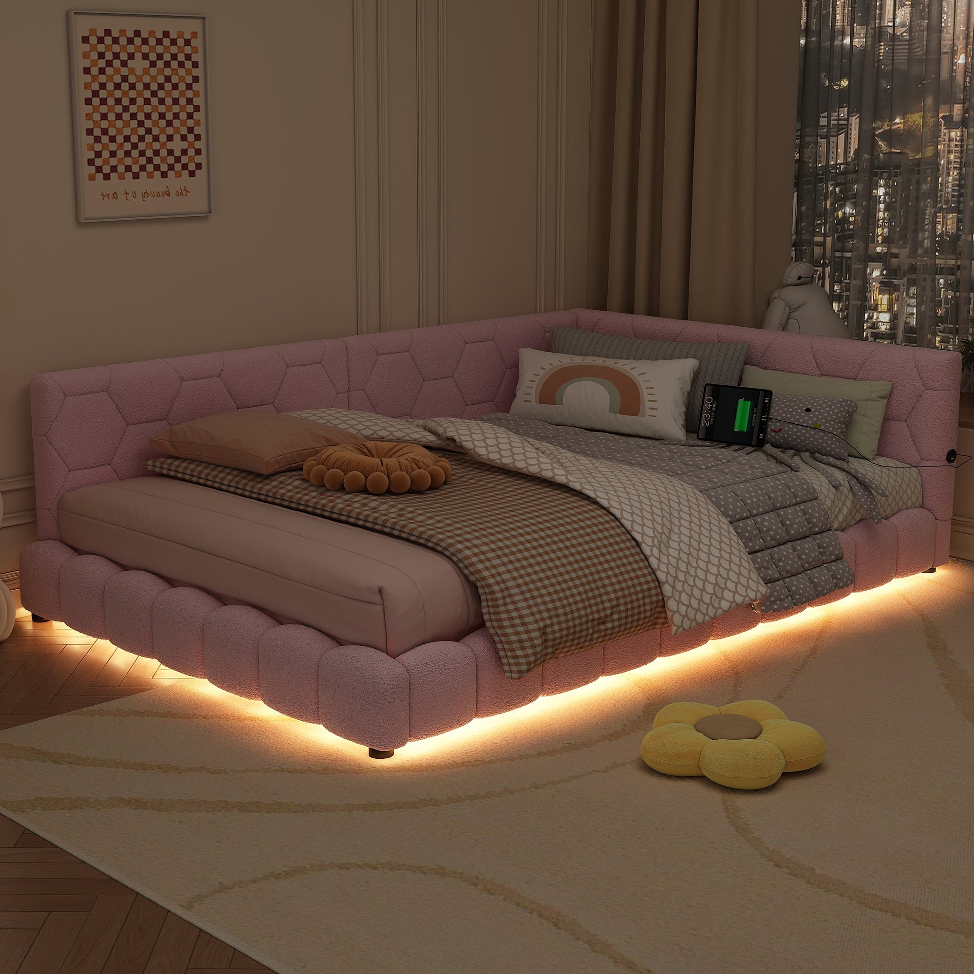 Logidon Daybed 140x200cm slaapbank roze fluweel met lattenbodem