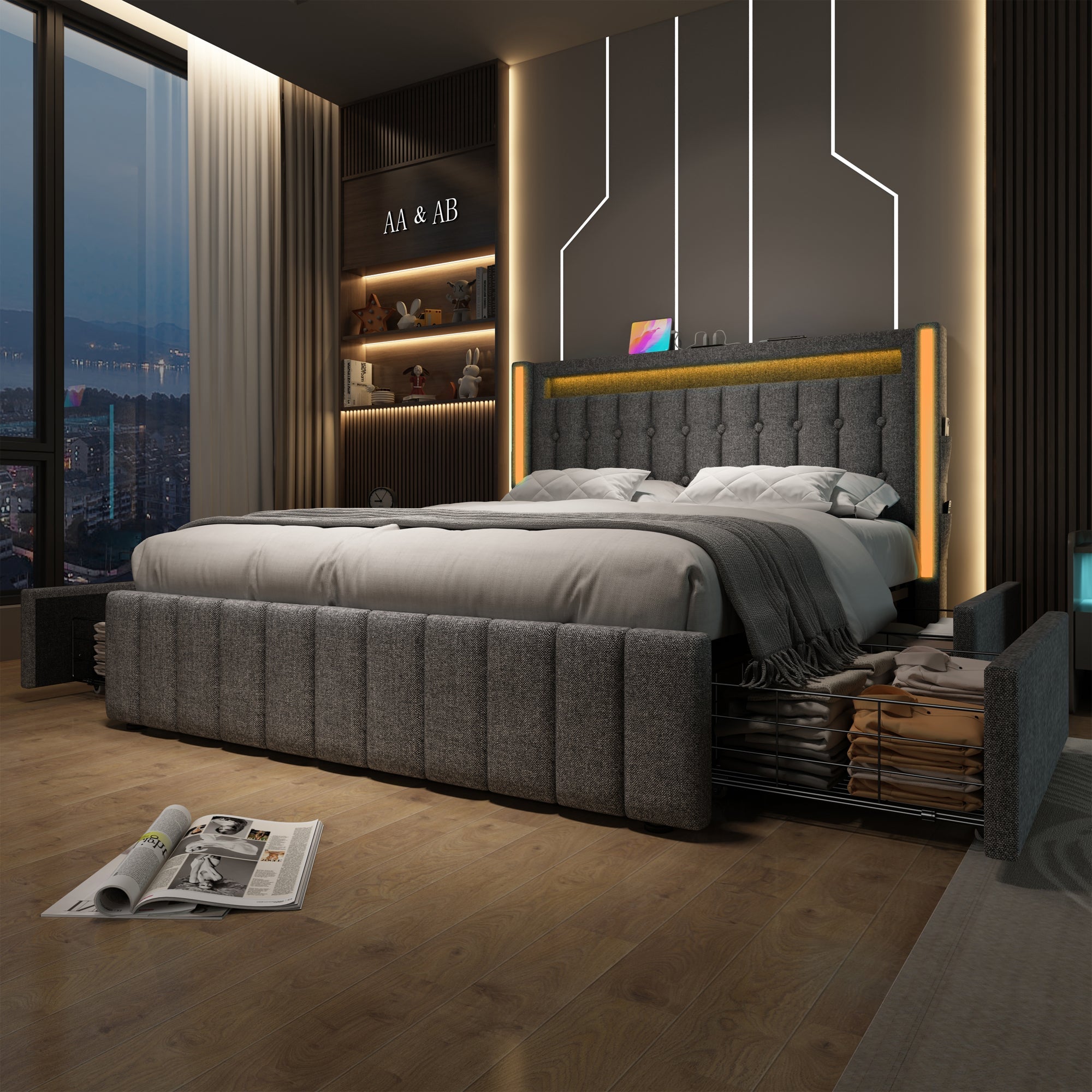 Logidon upholstered bed 140x200 gray USB Type C charging function 4 drawers
