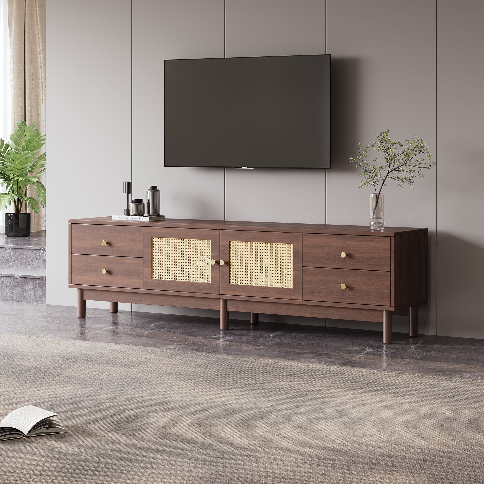 Logidon TV cabinet 180 cm dark wood look rattan doors cable management