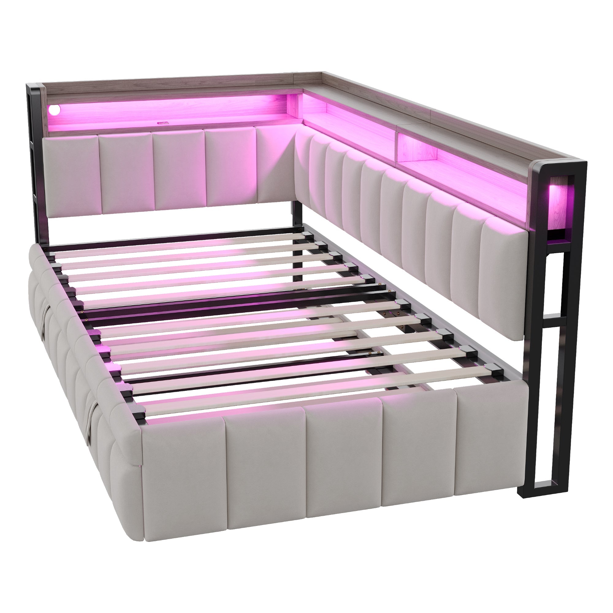Logidon slaapbank gestoffeerd bed 90x200cm lichtgrijs uitschuifbaar LED USB