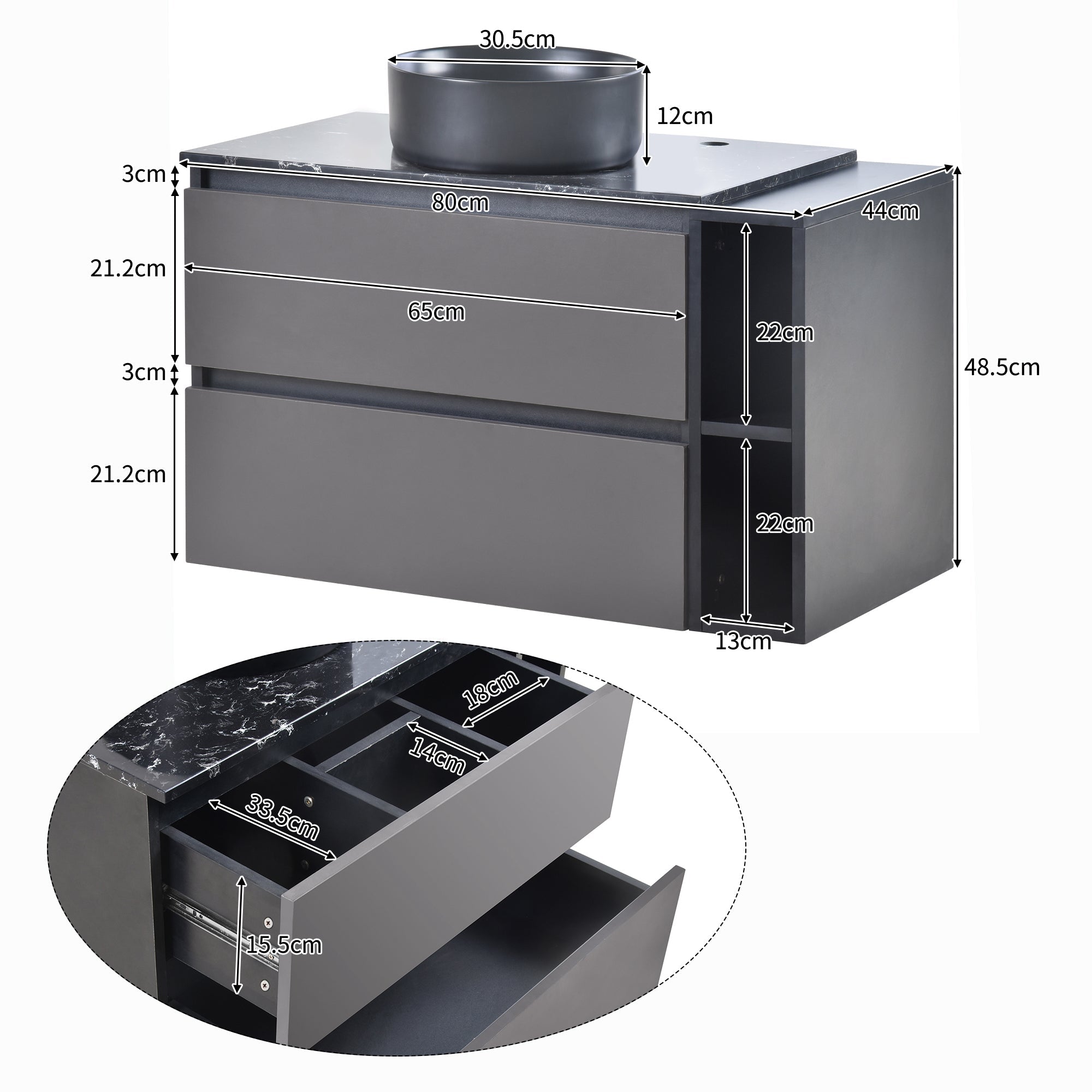 Logidon sink base cabinet hanging 80 cm black gray drawers