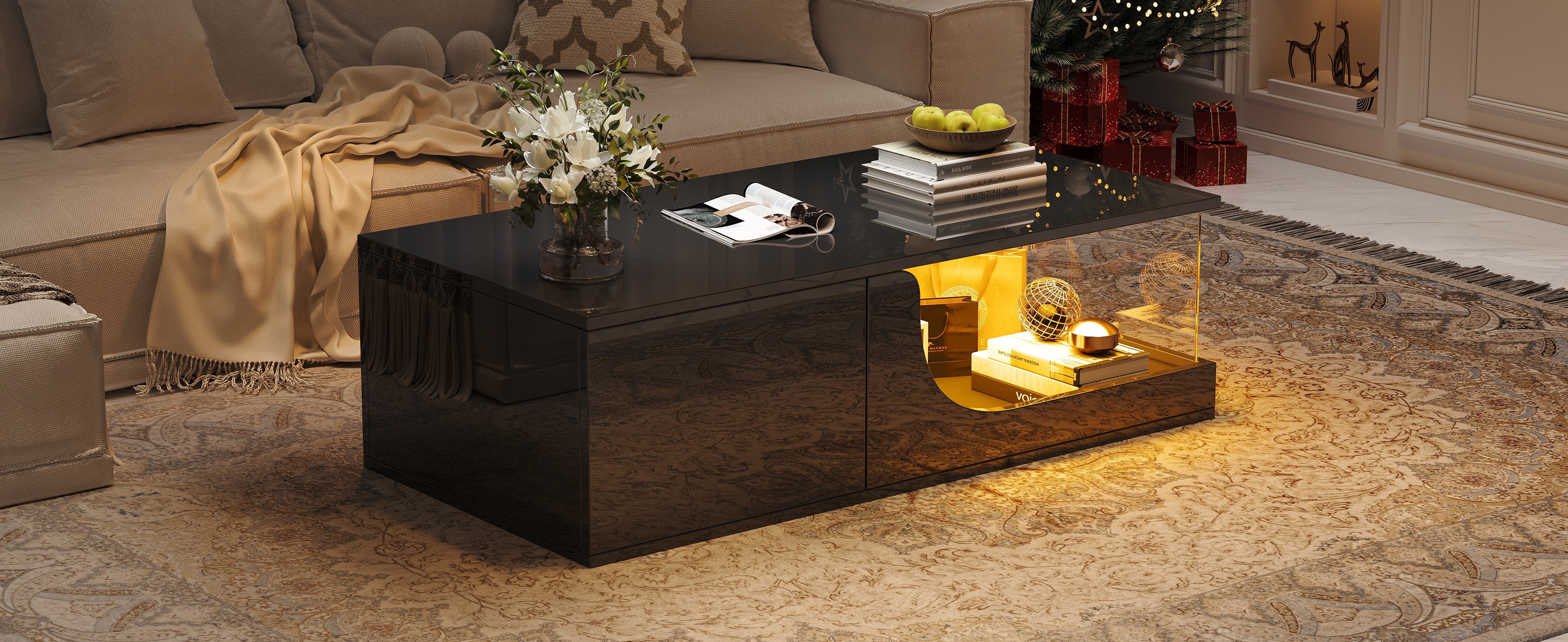 Logidon Zwarte hoogglans salontafel 100x50x30 cm LED-verlichting
