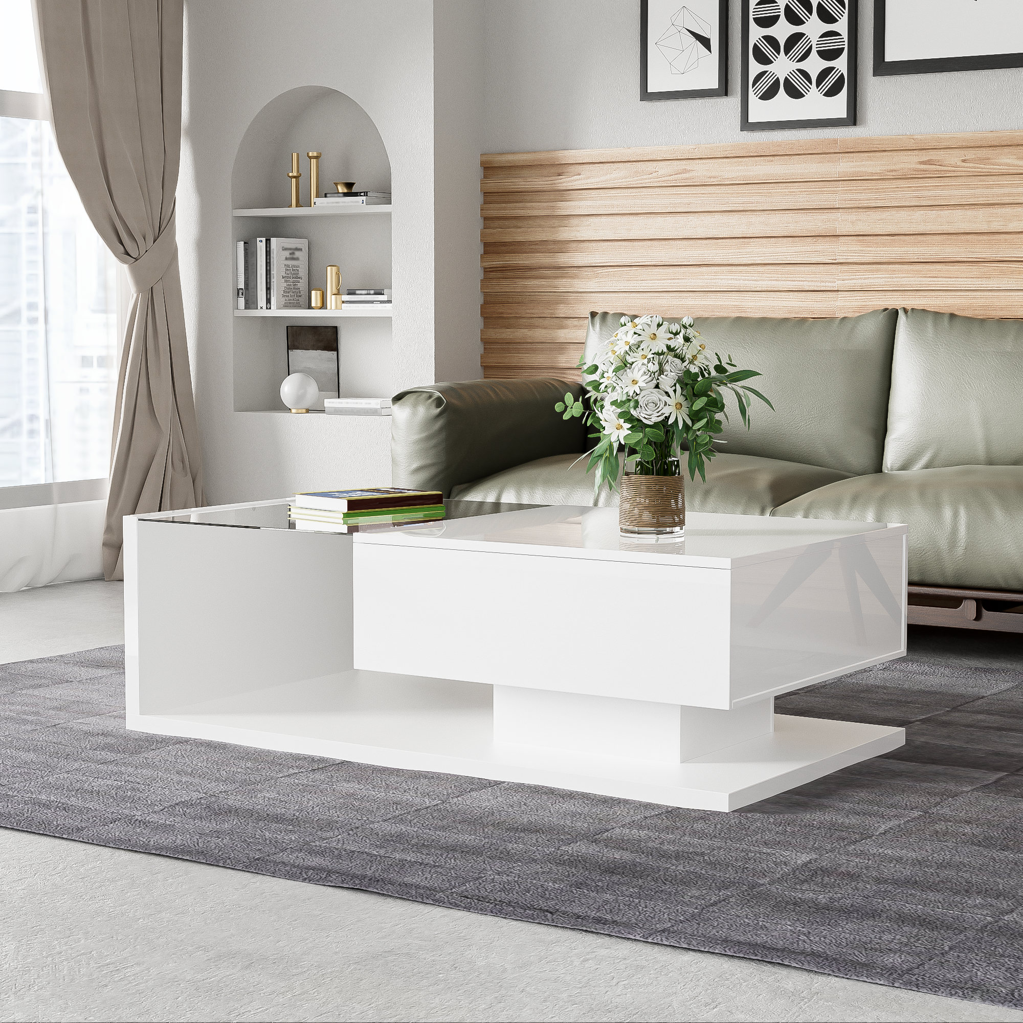 Logidon salontafel hoogglans wit glas LED 105 x 55 cm