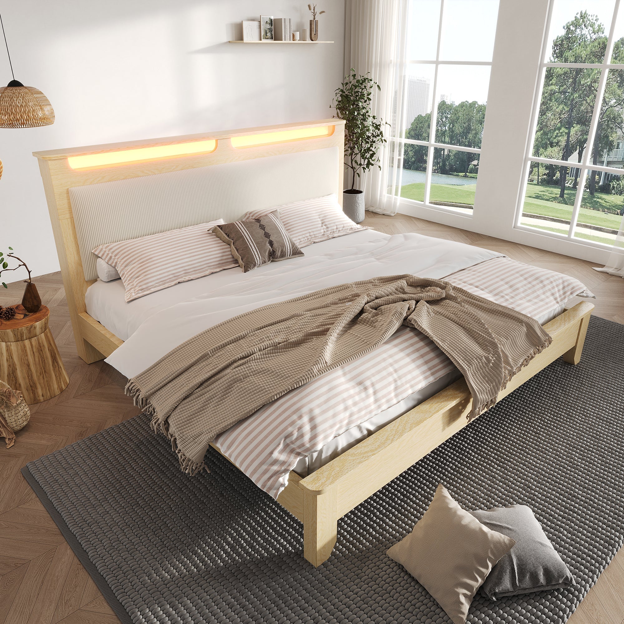 Logidon tweepersoonsbed 160x200 cm met opbergruimte en LED-verlichting beige
