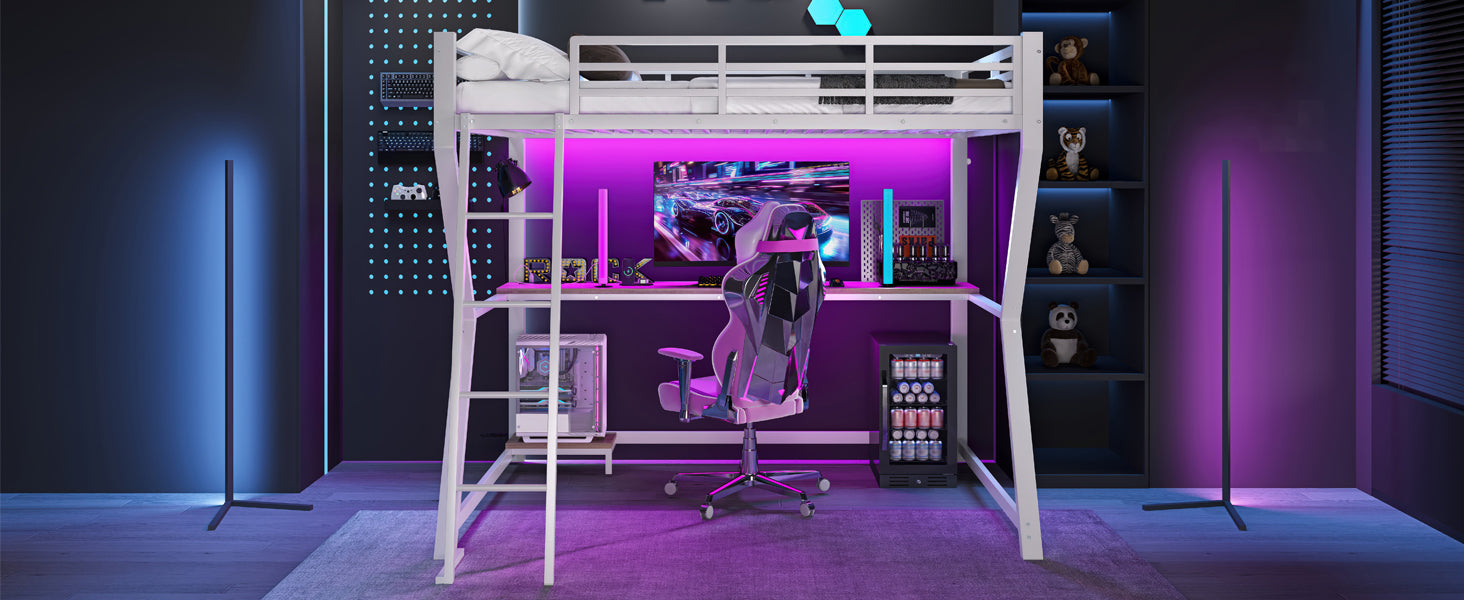Logidon loft bed 90x200 with LED lighting and computer console white