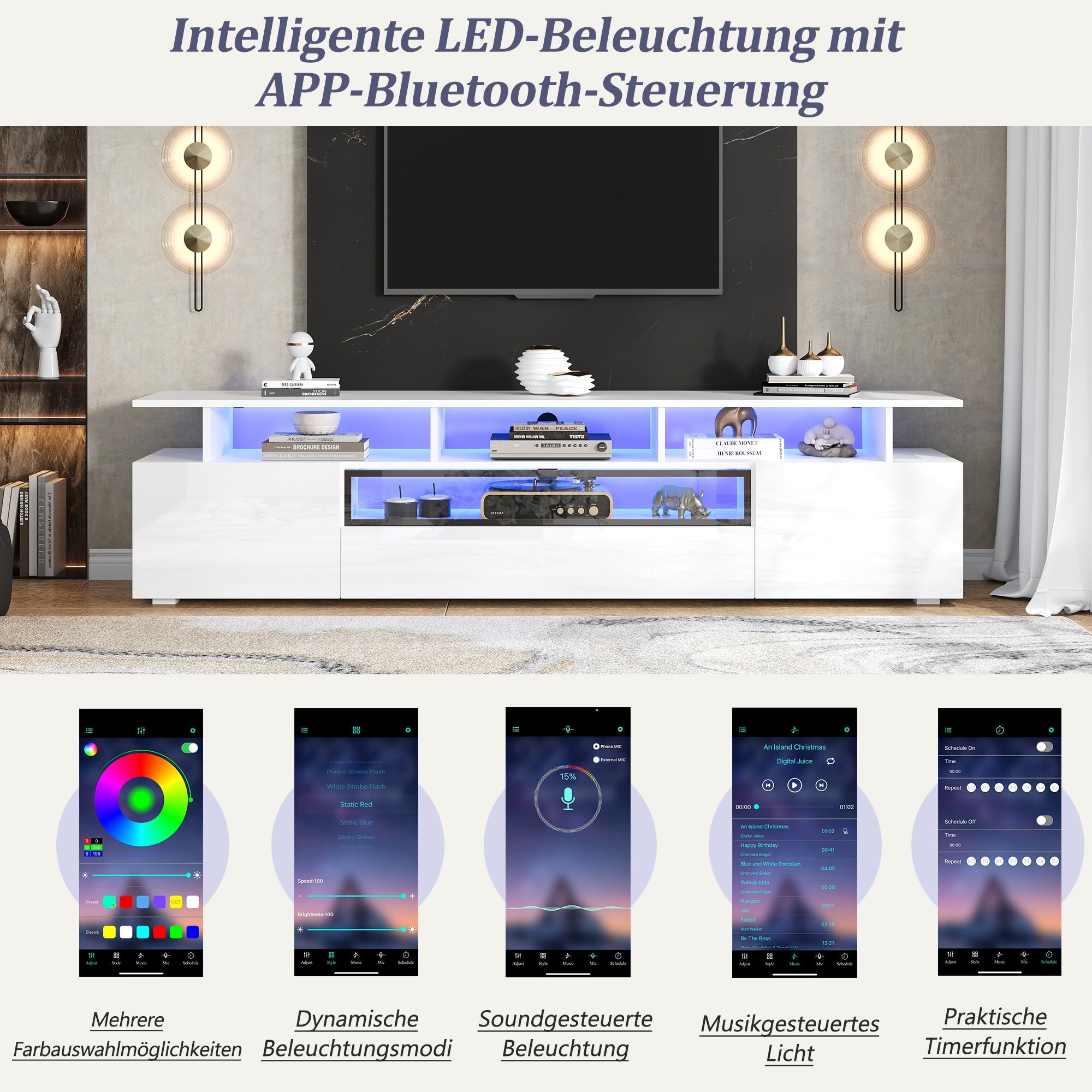 Logidon TV-meubel wit 180x38x45 cm met LED-verlichting 2 deuren 1 lade