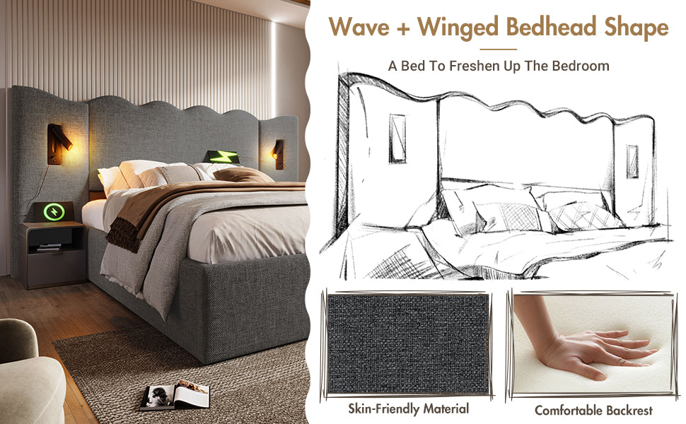Logidon gestoffeerd bed 160x200 grijs linnen met USB Type C oplaadfunctie
