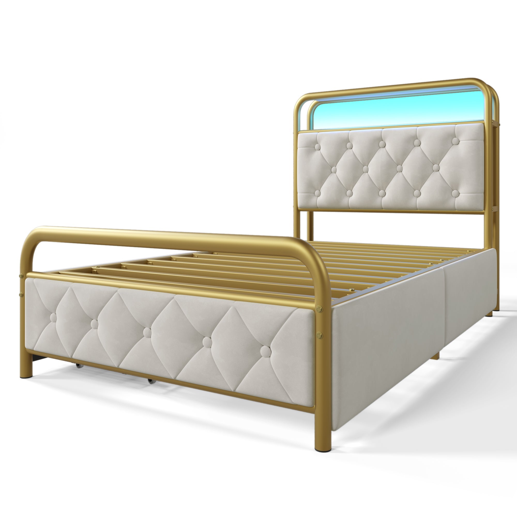 Logidon upholstered bed 90x200 USB C charging function LED white velvet drawers