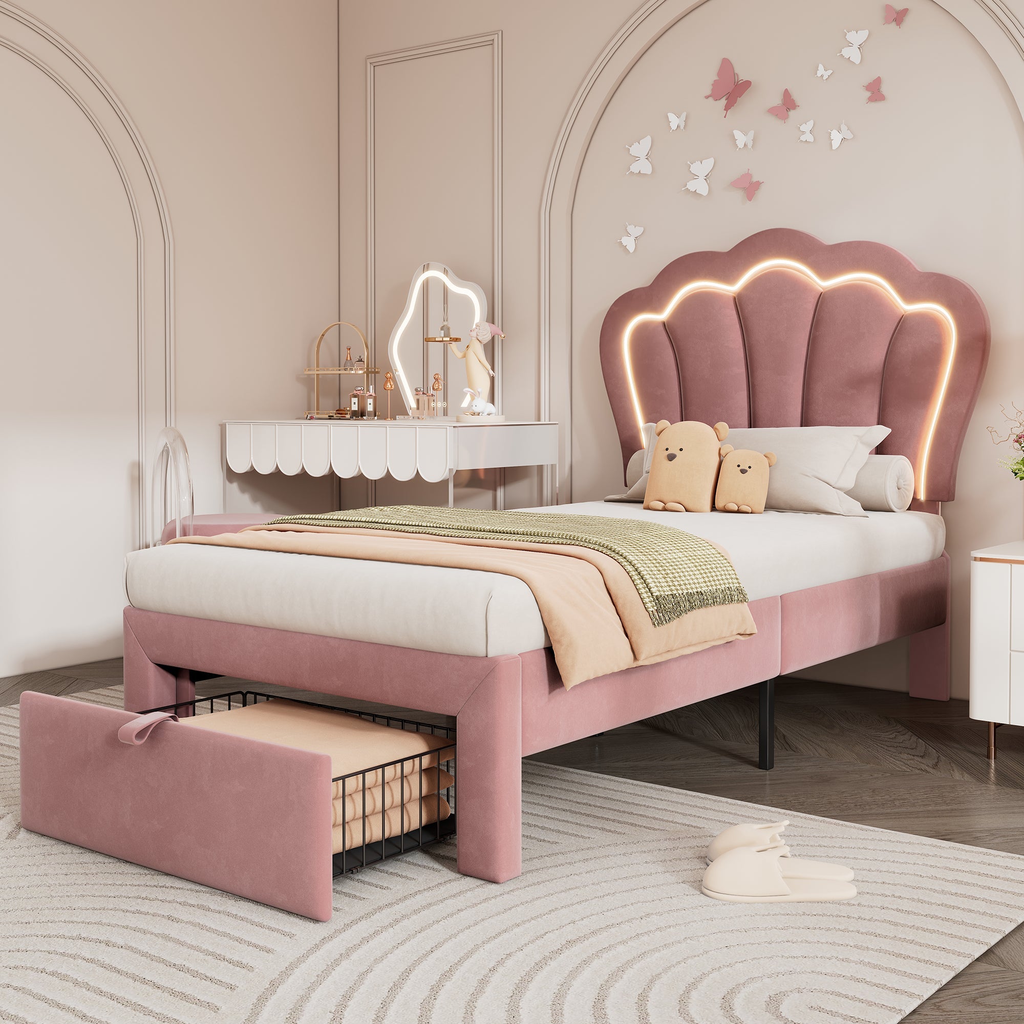 Logidon Kinderbed LED 90x200 Roze met Laden App Bediening