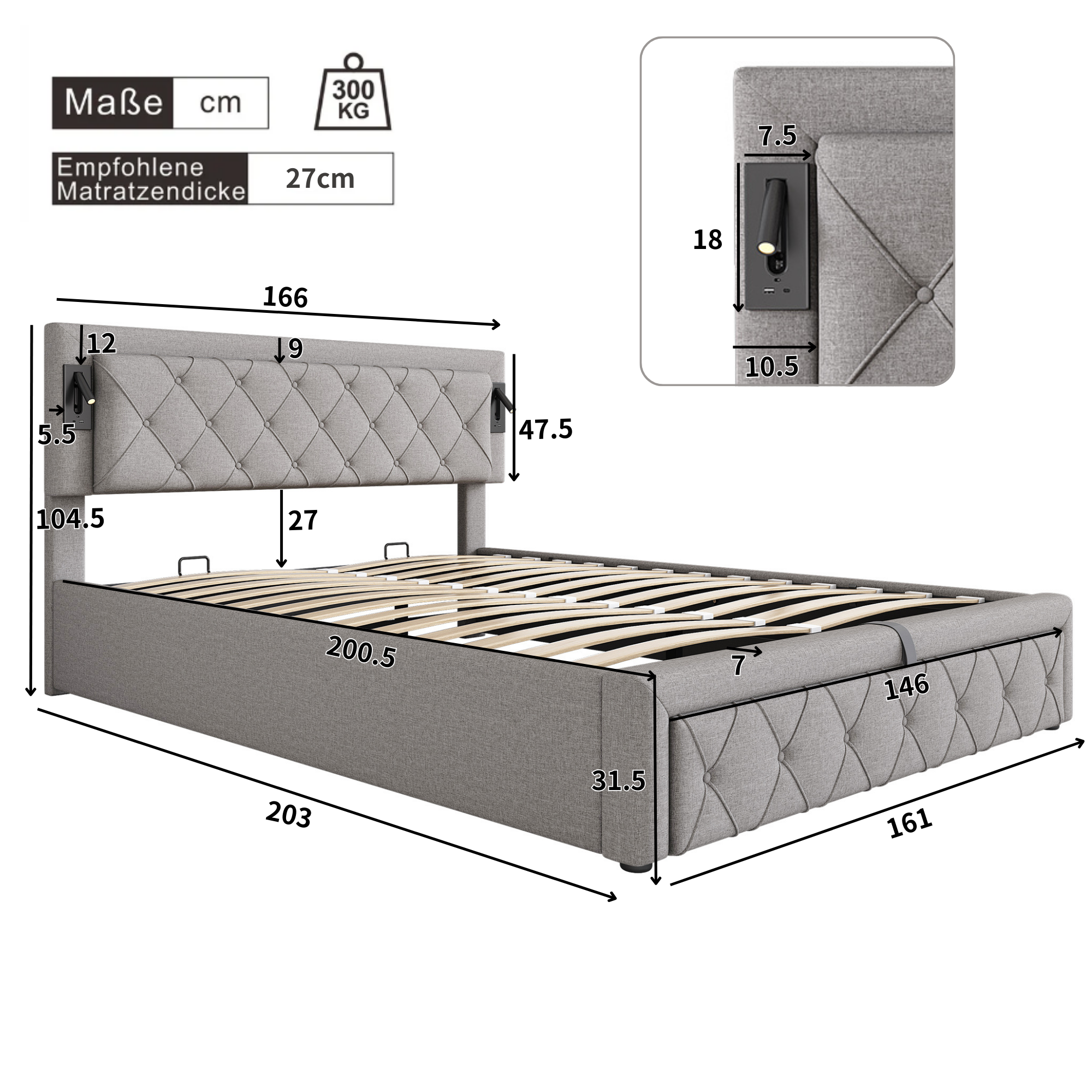Logidon gestoffeerd bed 160x200 grijs met inbouwspot USB opbergruimte lattenbodem