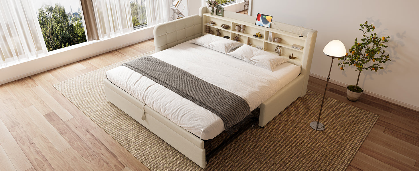 Logidon Daybed 90x200 beige linnen uitschuifbare slaapbank USB Type C