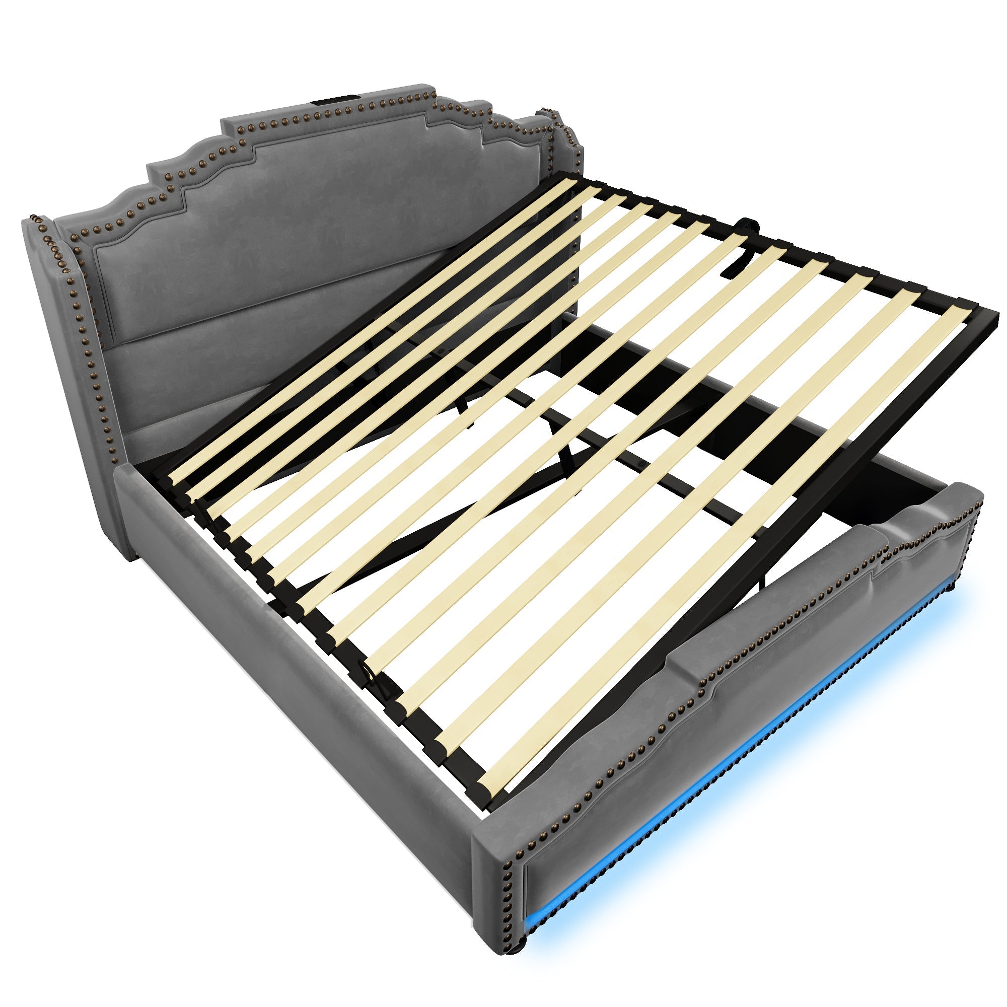 Logidon gestoffeerd bed 140x200 grijs LED-licht met hydraulische opbergruimte