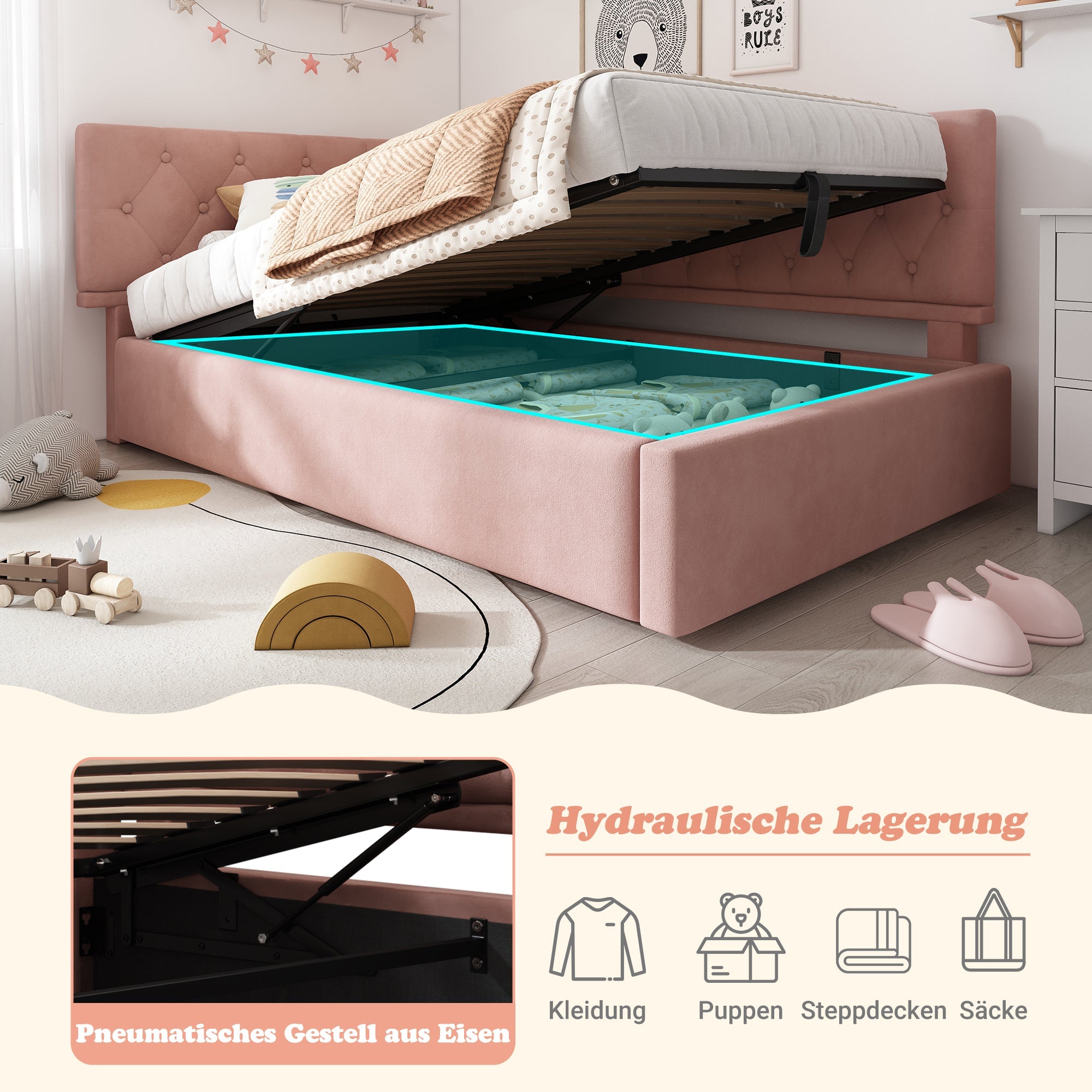 Logidon slaapbank 90x190 roze fluweel met hydraulische opbergruimte