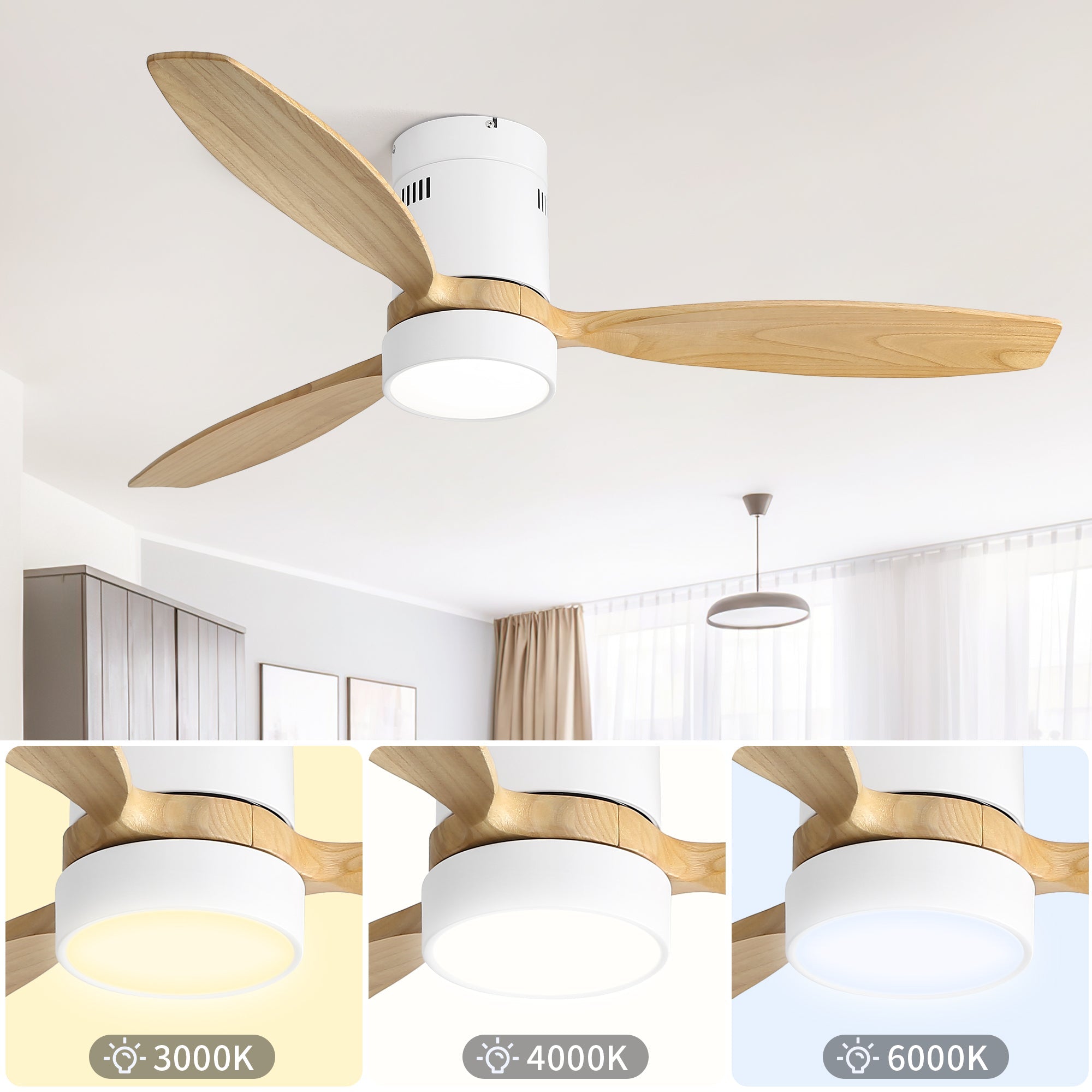 Logidon plafondventilator 52 inch houten blad witte DC-motorverlichting