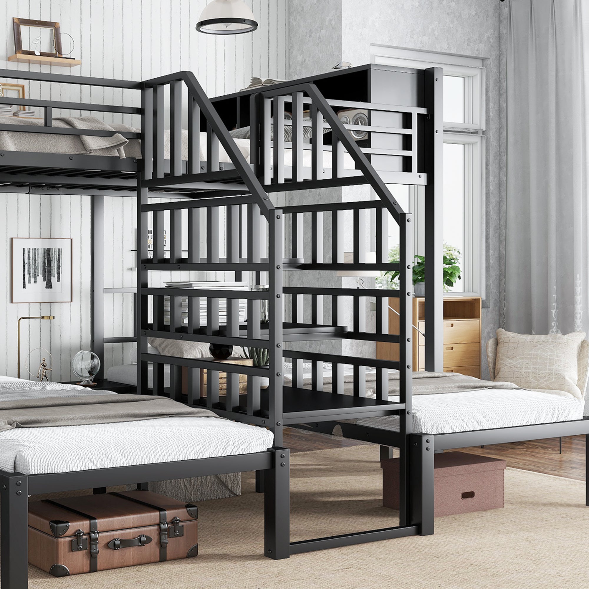 Logidon stapelbed ijzer zwart met drie slaapplaatsen 90x200cm
