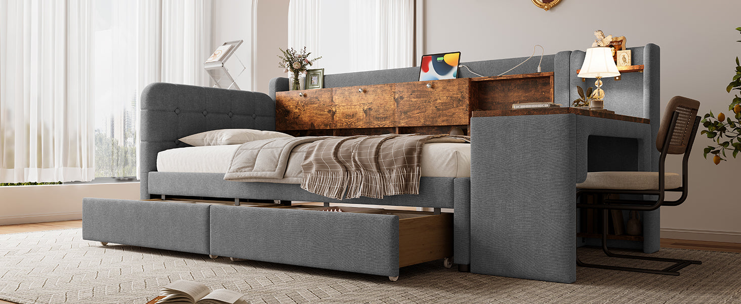 Logidon Daybed 90x200 cm slaapbank met bureau grijs USB Type C