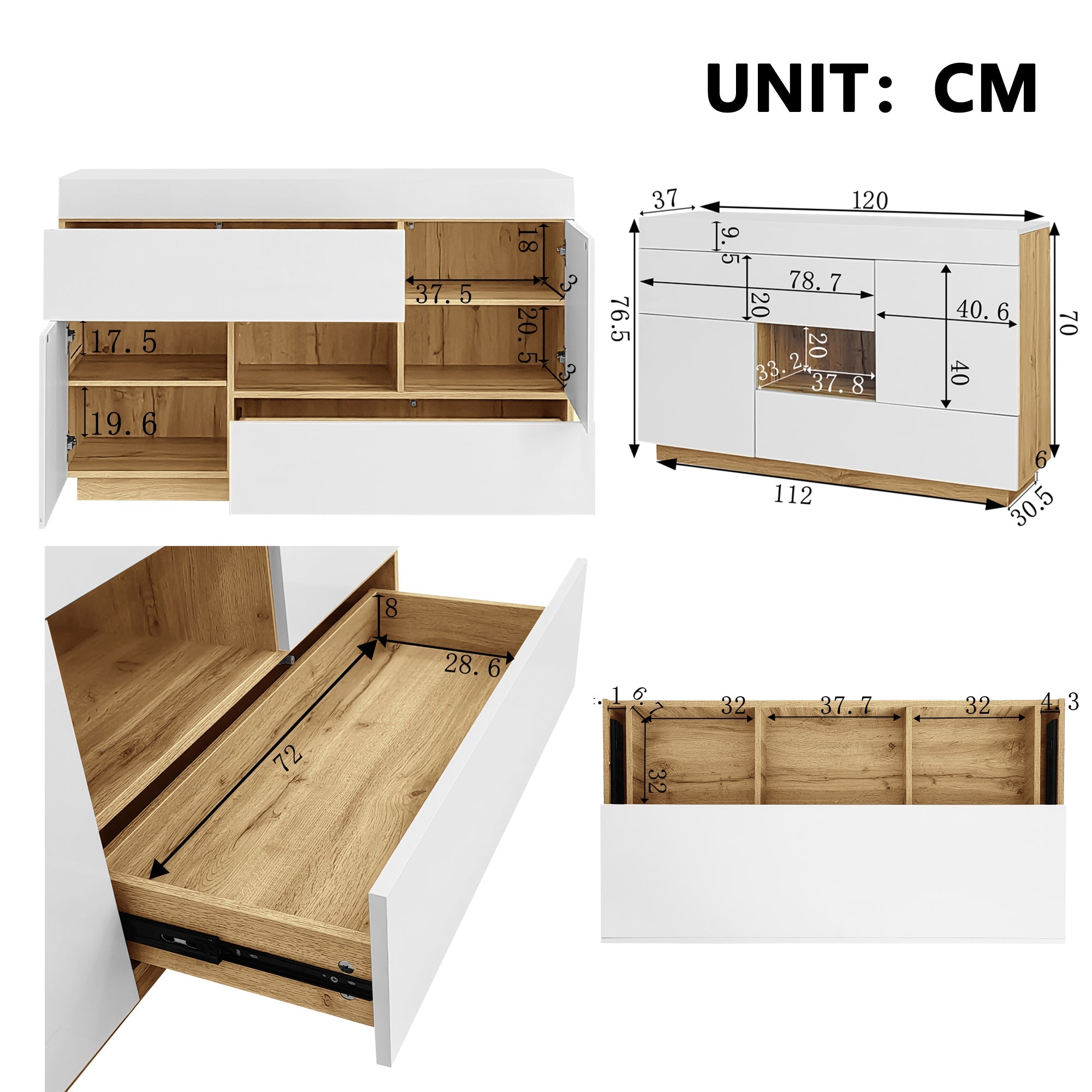 Logidon dressoir hoogglans wit vitrinekast LED 16 kleuren 120x37x76,5 cm
