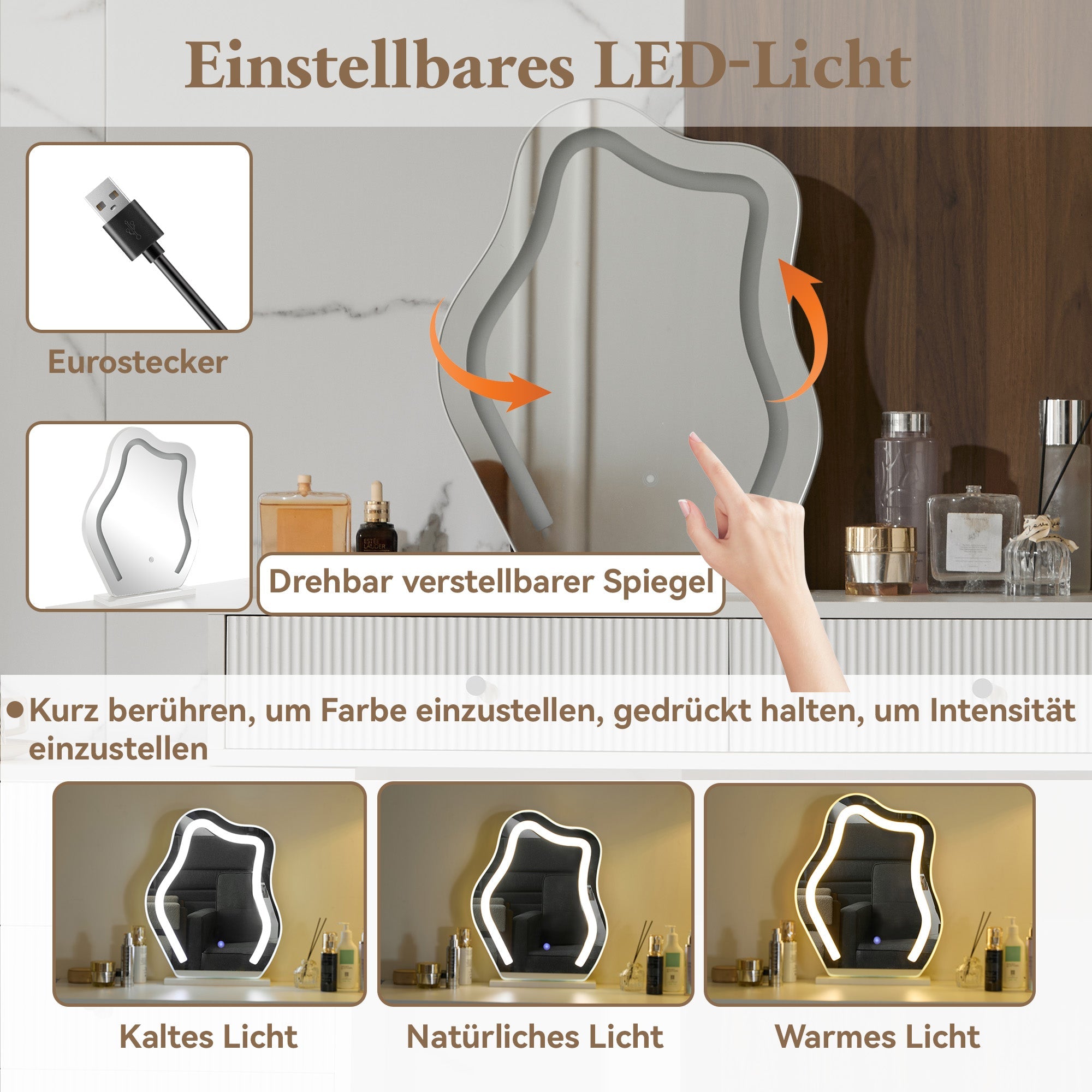 Logidon Kaptafel Witte Spiegel LED Uitschuifbaar Tafelblad