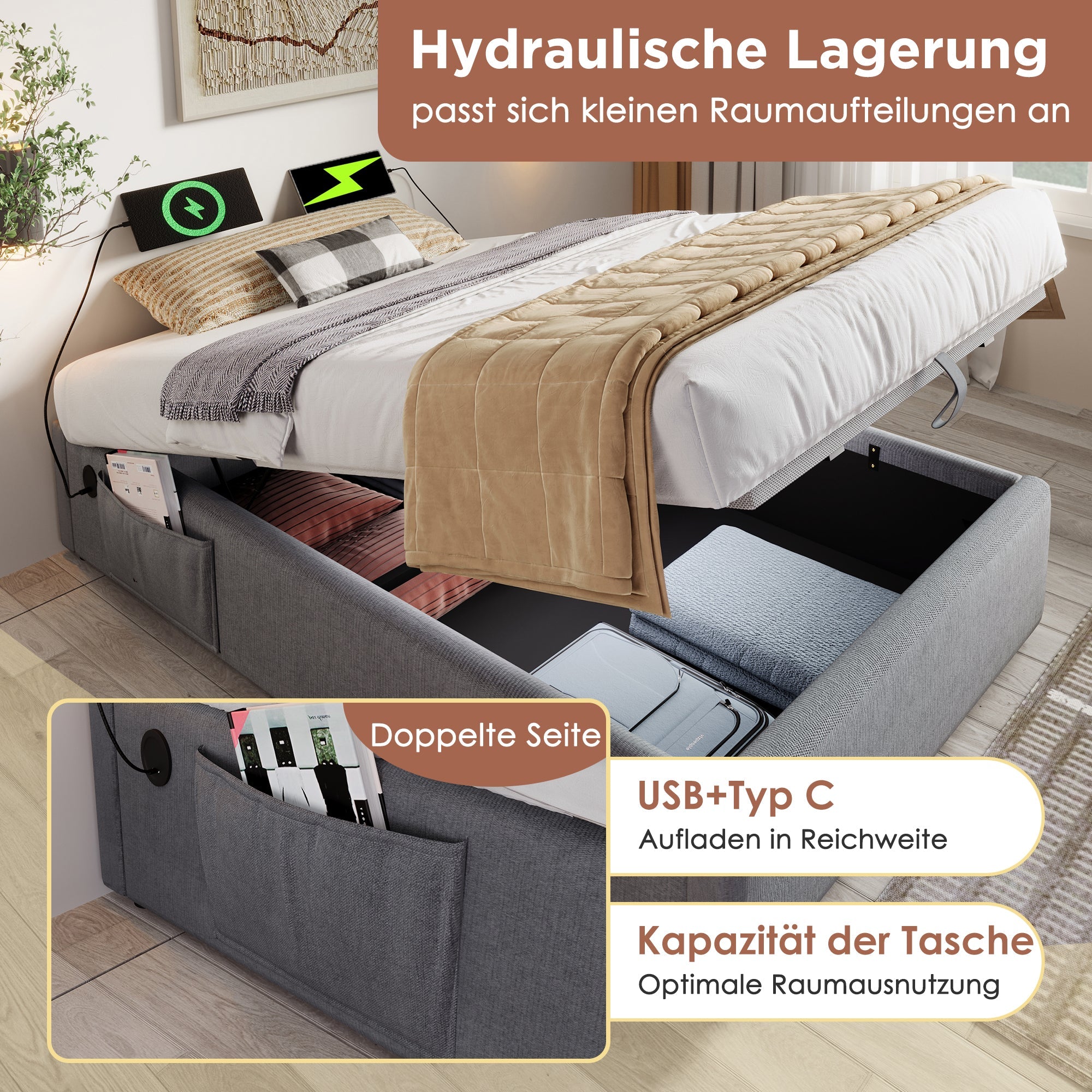 Logidon upholstered bed 160x200 gray with USB C and full-surface slatted frame