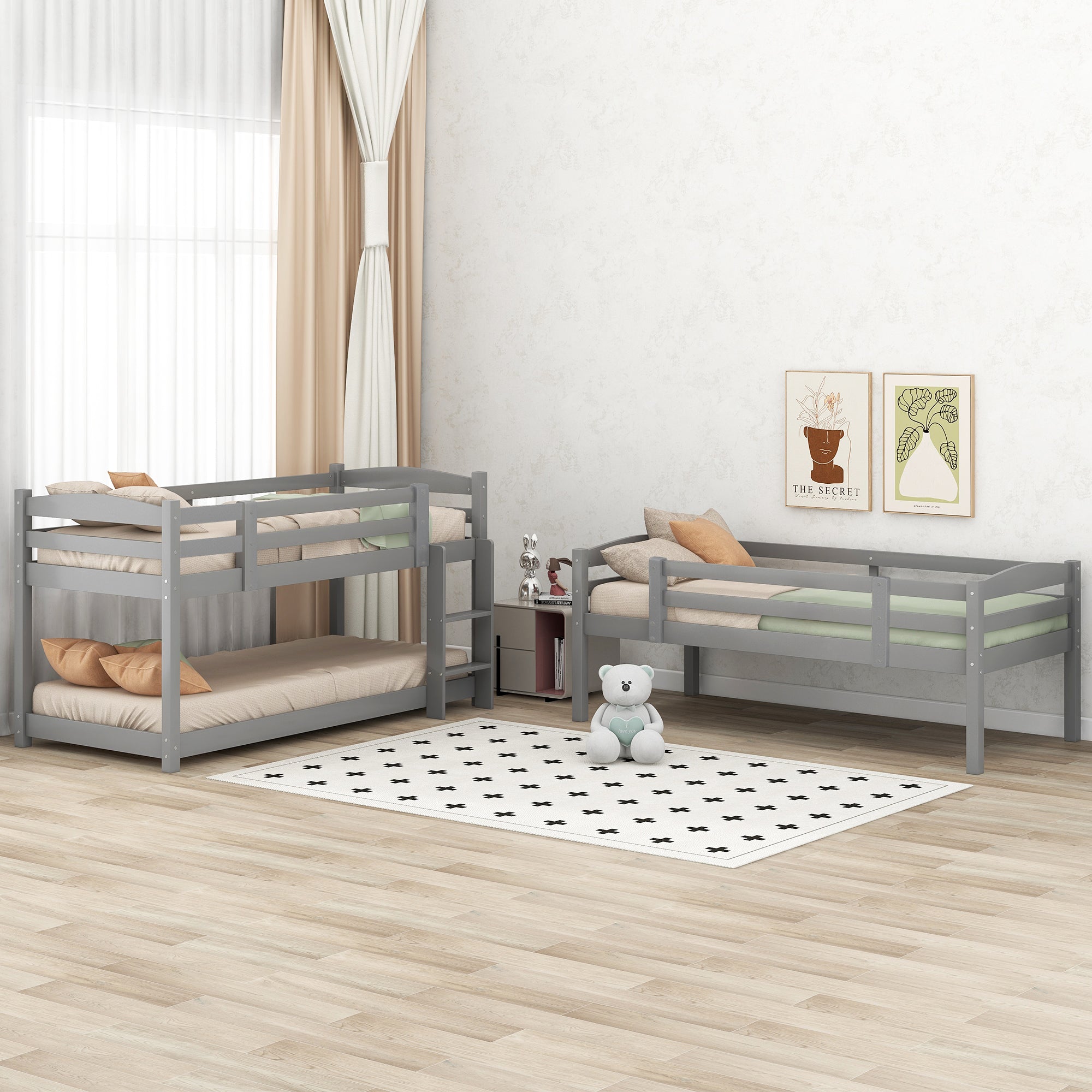Logidon stapelbed 90x200 grijs hout driepersoonsbed kinderen