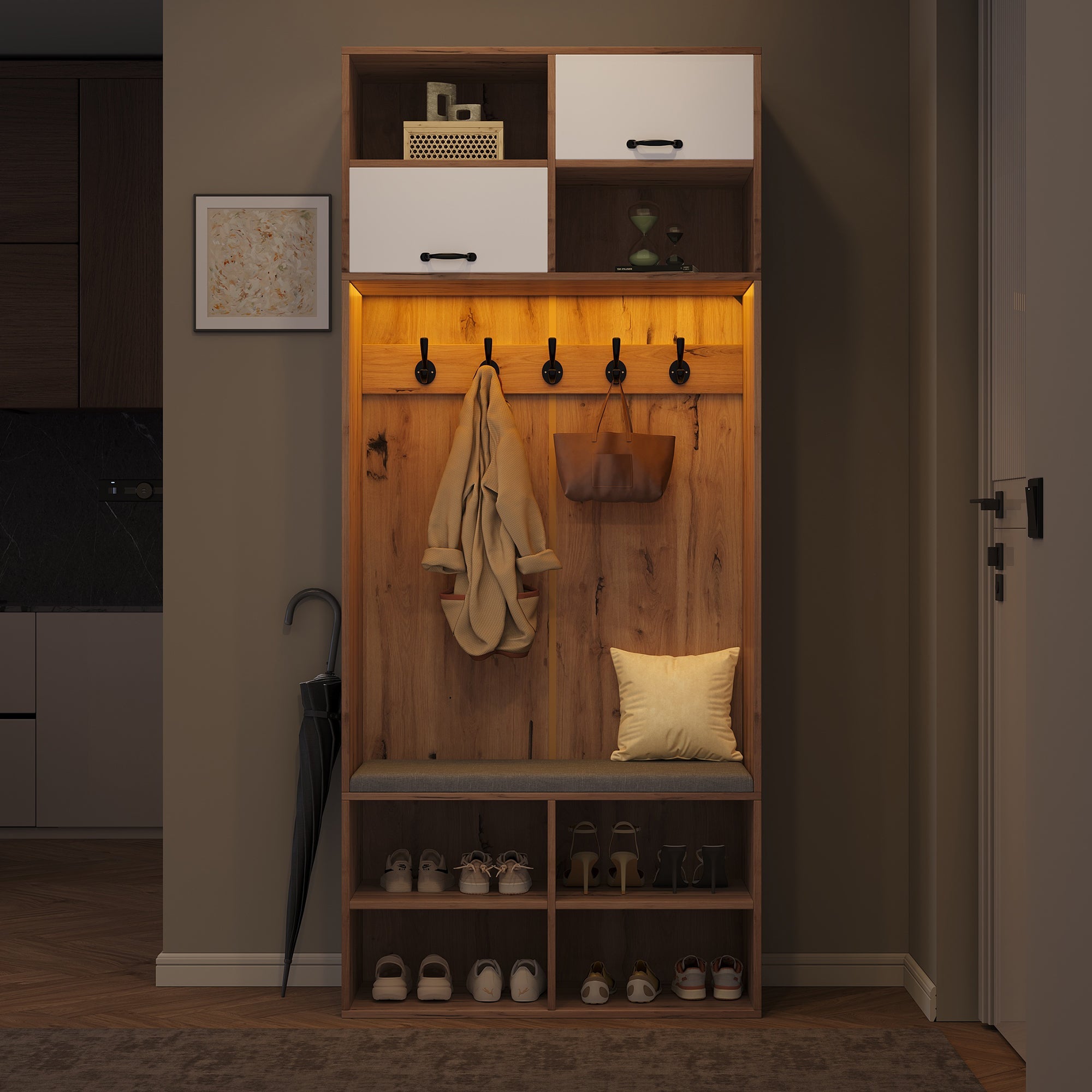 Logidon garderobekast met bank en 5 haken naturel wit 80x35x185cm