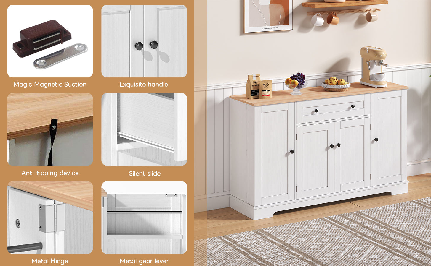 Logidon keukenbuffet 138 cm witte multifunctionele ladedeuren