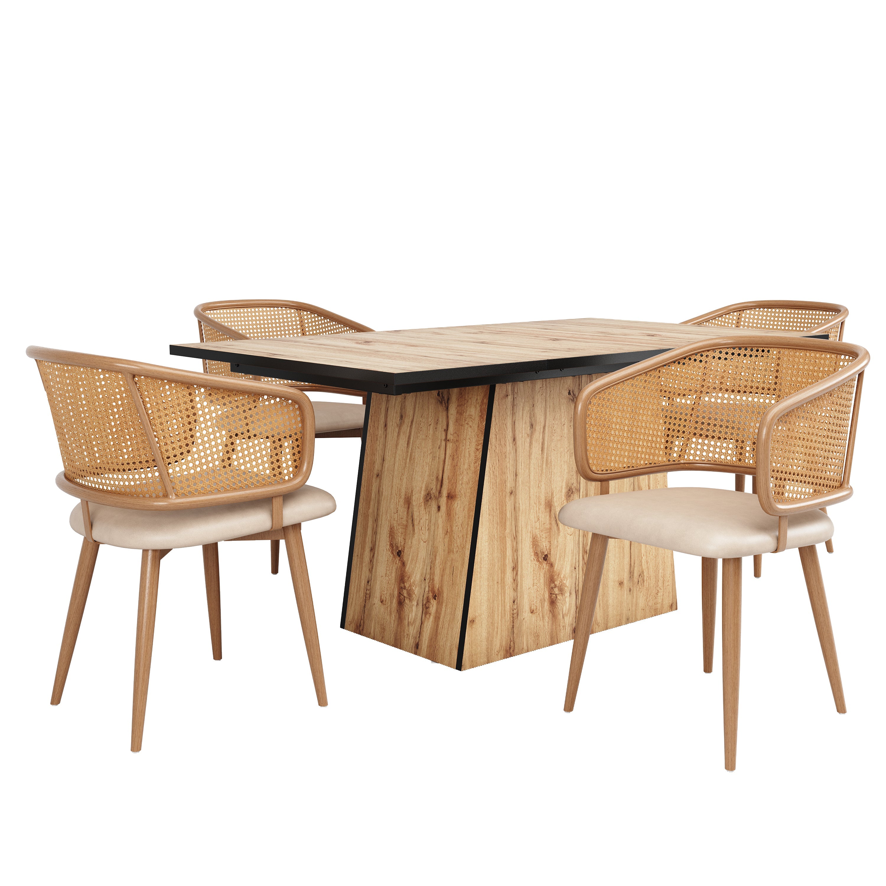 Logidon eetkamerstoelen met rotan rugleuning en PU lederen kussens beige