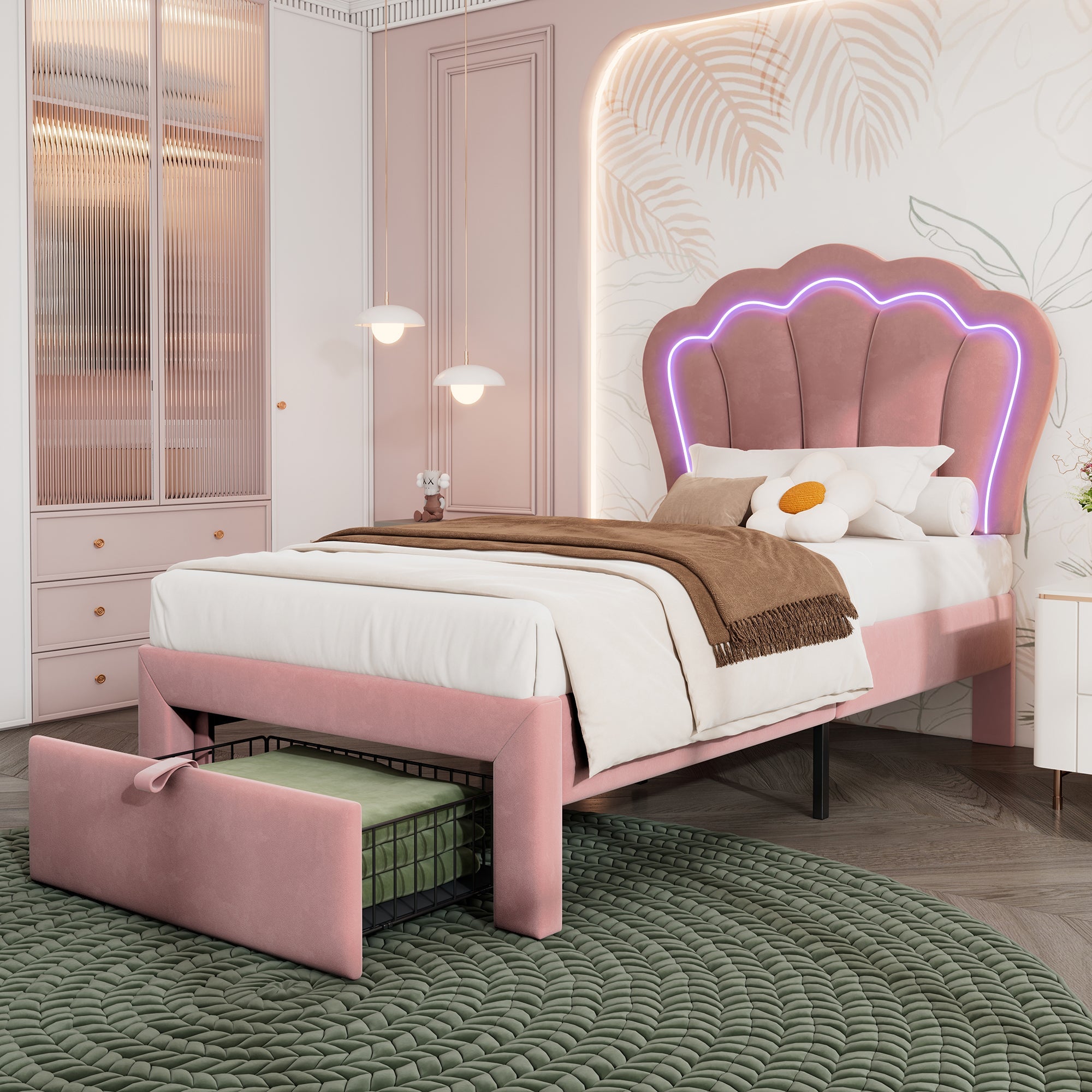 Logidon Kinderbed LED 90x200 Roze met Laden App Bediening