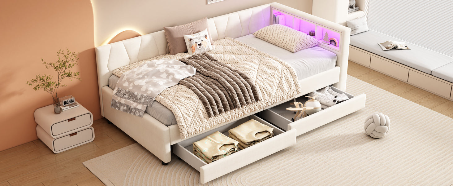 Logidon Dagbed 90x200 cm Beige Slaapbank Opbergvak met USB C LED