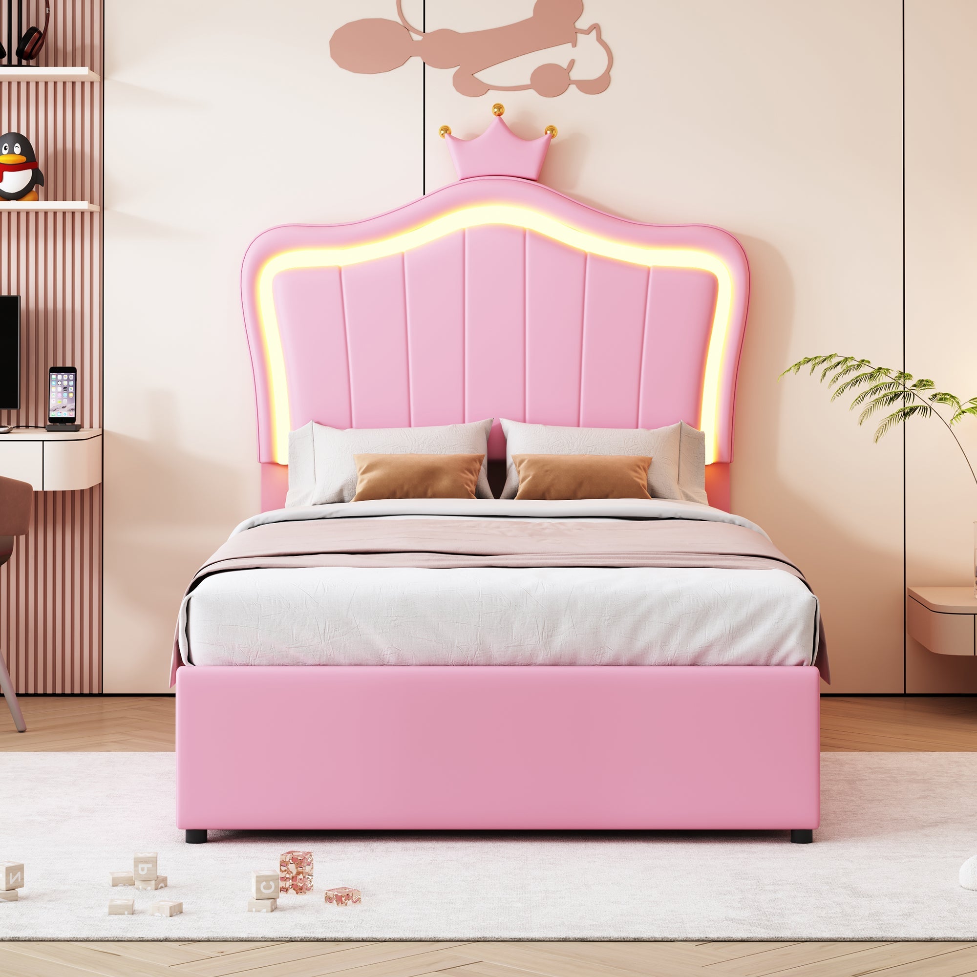 Logidon gestoffeerd bed 90x200 cm roze met kroondesign en LED