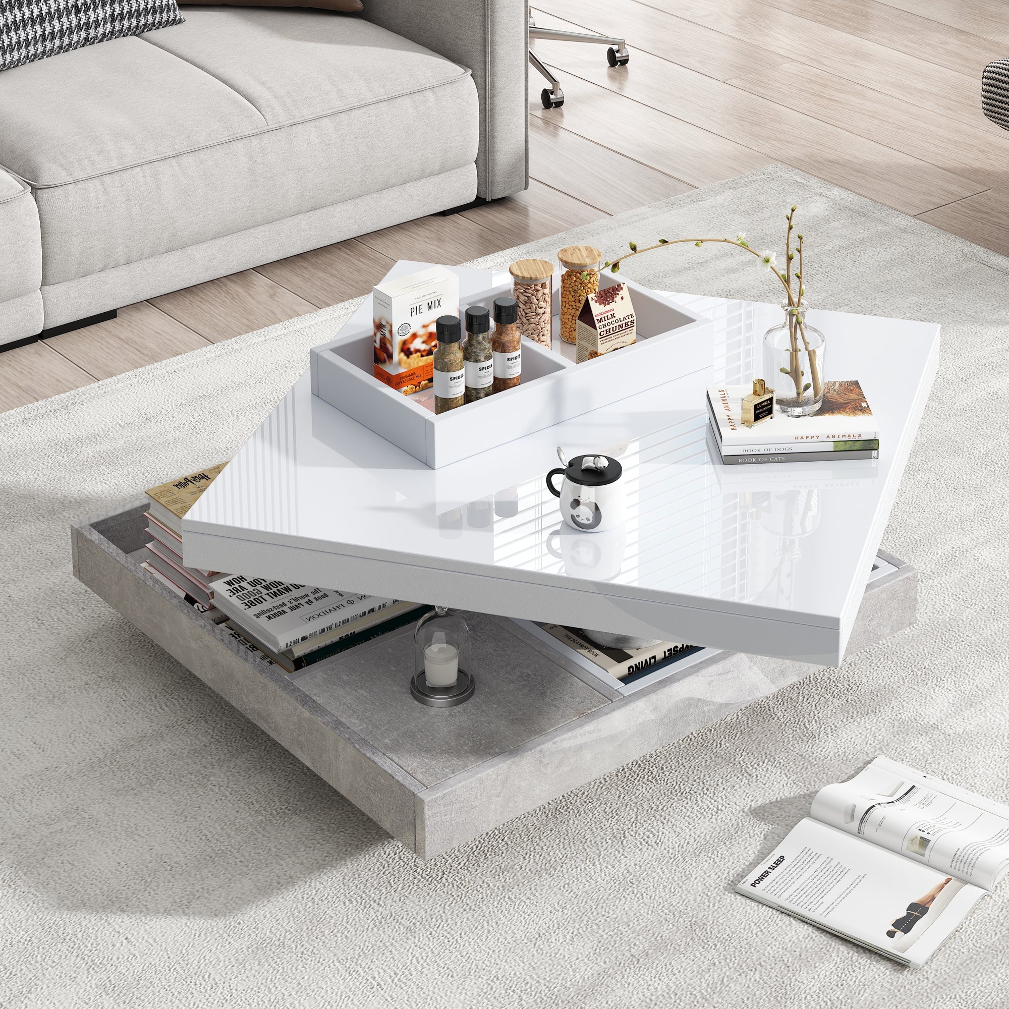 Logidon 360 graden draaibare salontafel 70x70x36 cm wit hoogglans