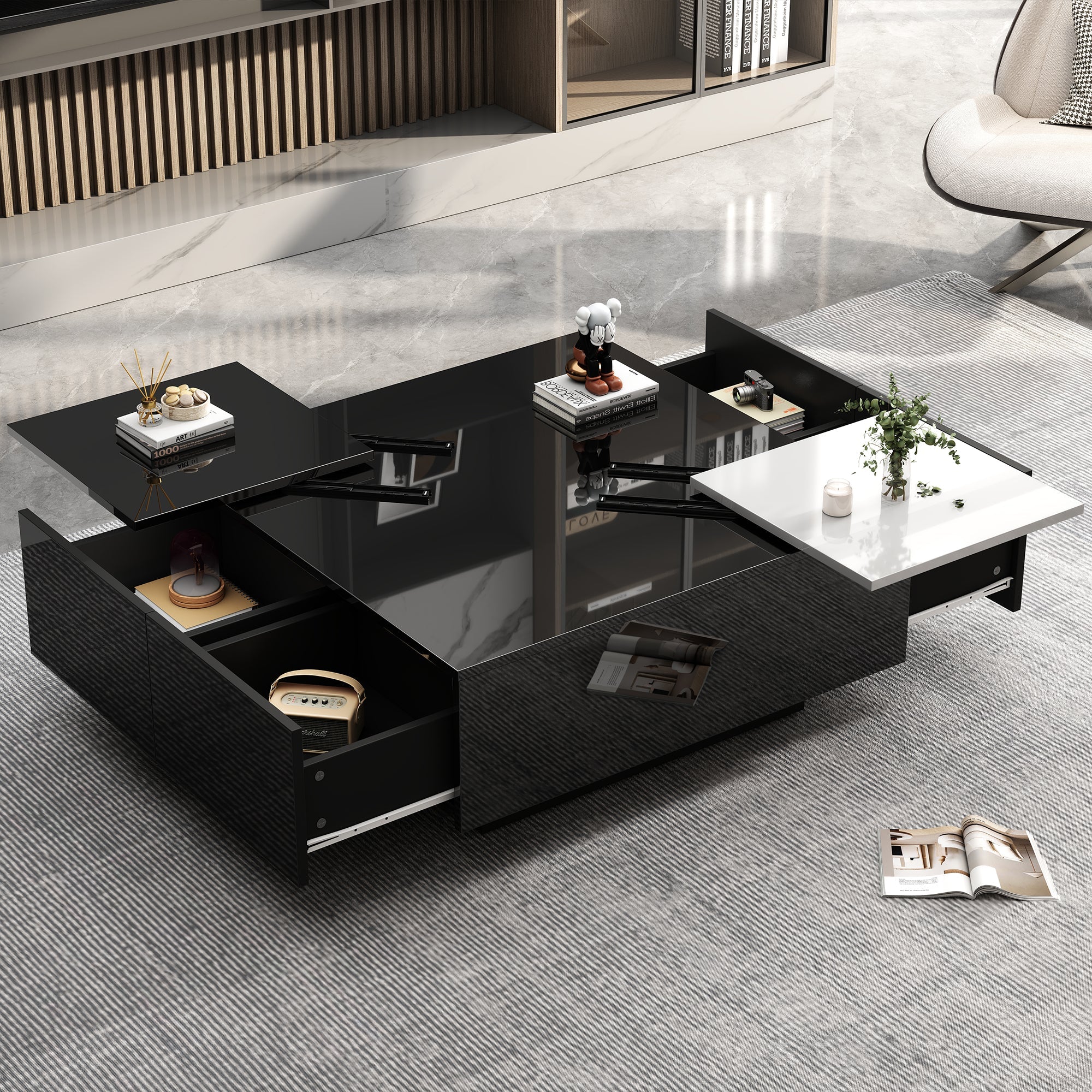 Logidon Hoogglans Salontafel Zwart Wit 75x75 Cm Met 4 Laden