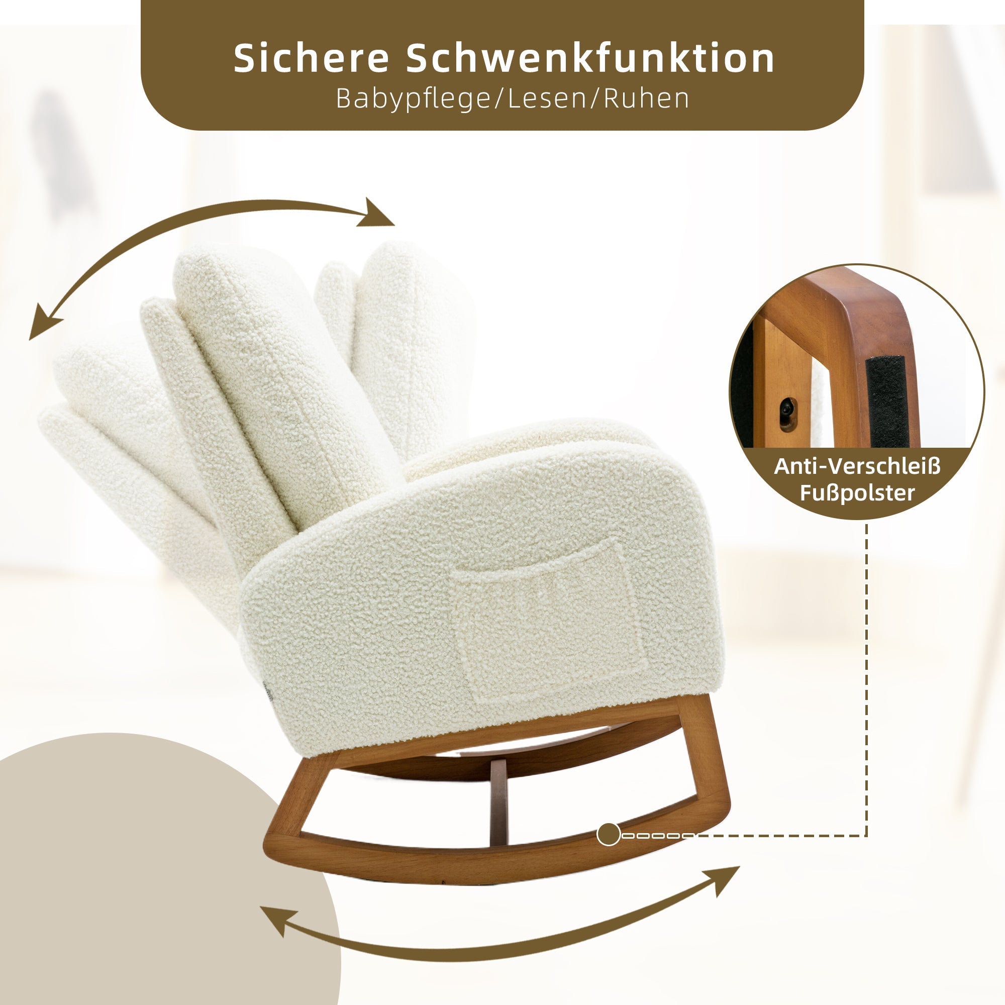 Logidon Fluwelen Witte Schommelstoel Mid Century Modern Gestoffeerd